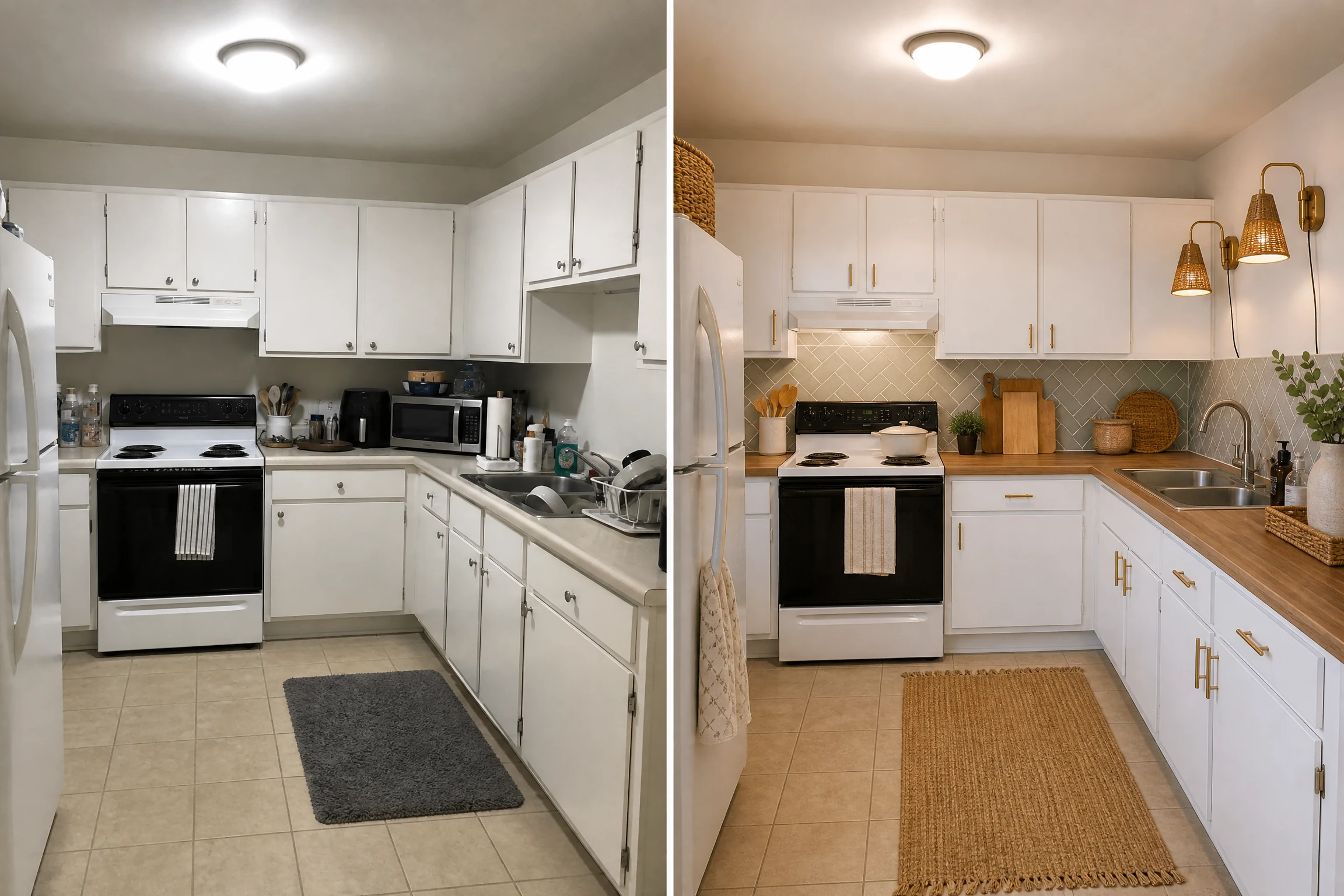 Rental kitchen before and after with removable backsplash and warm lighting