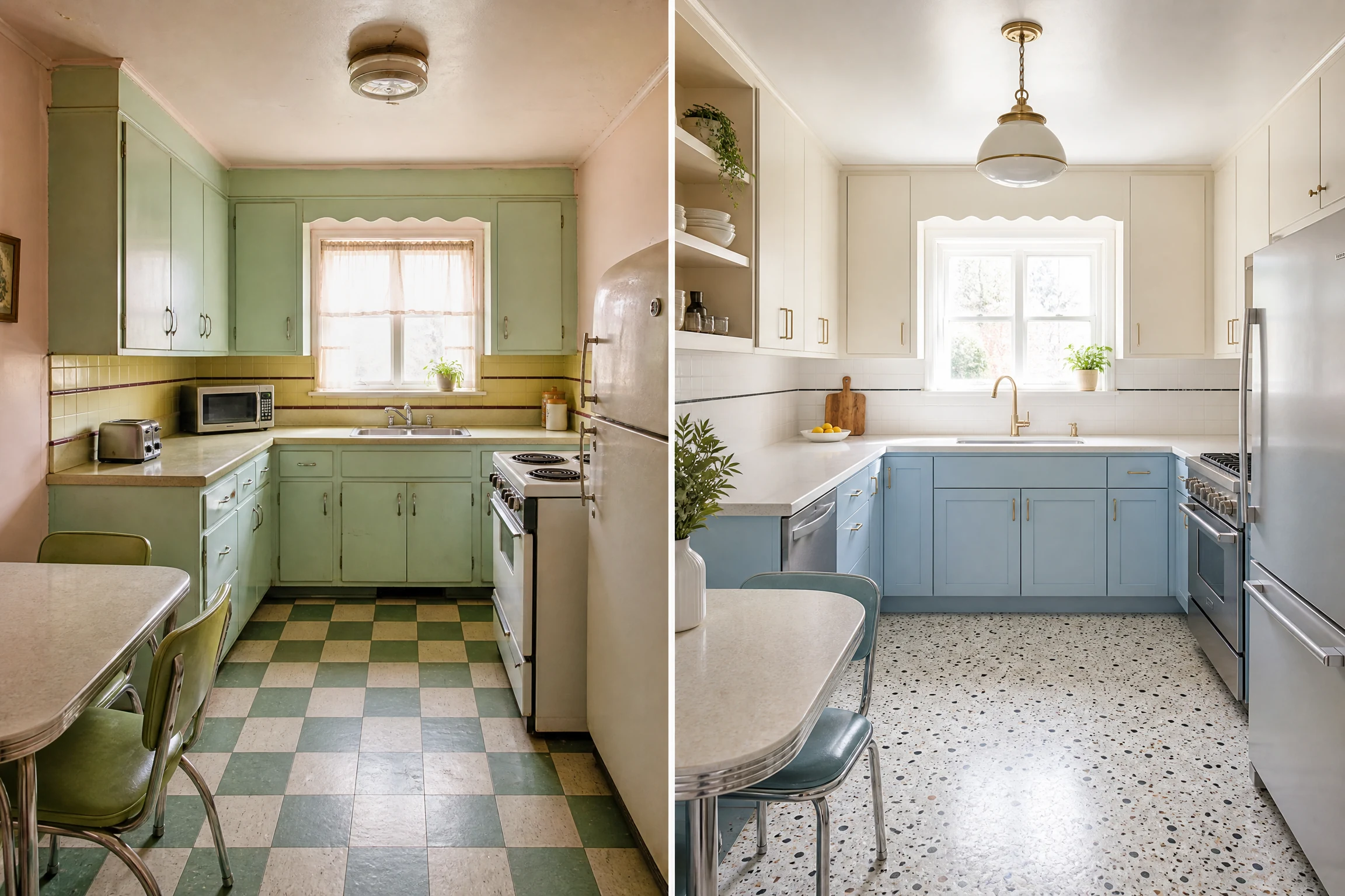 1950s kitchen before and after in powder blue and creamy white