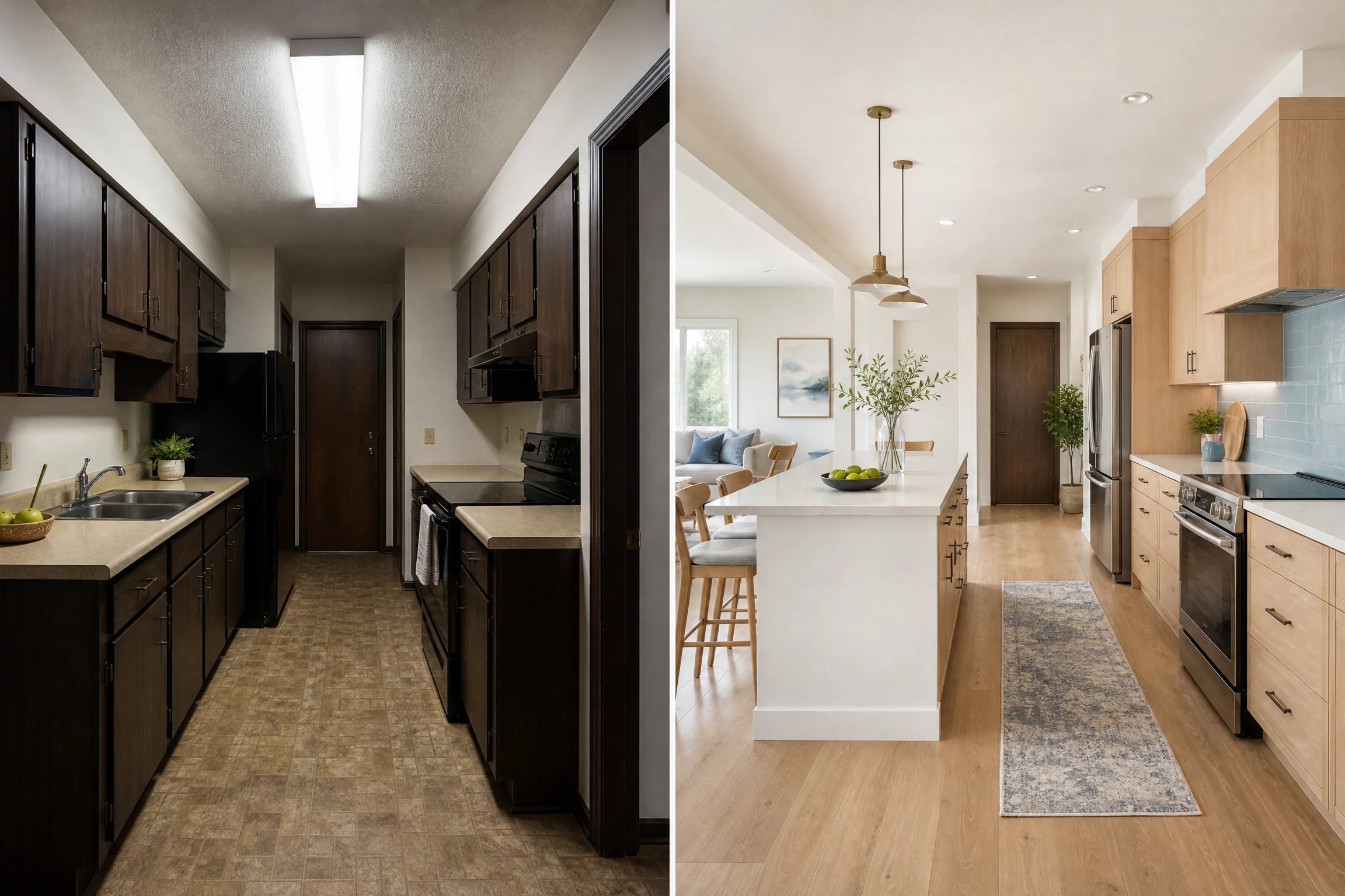 Galley kitchen before and after opened to an adjacent living area