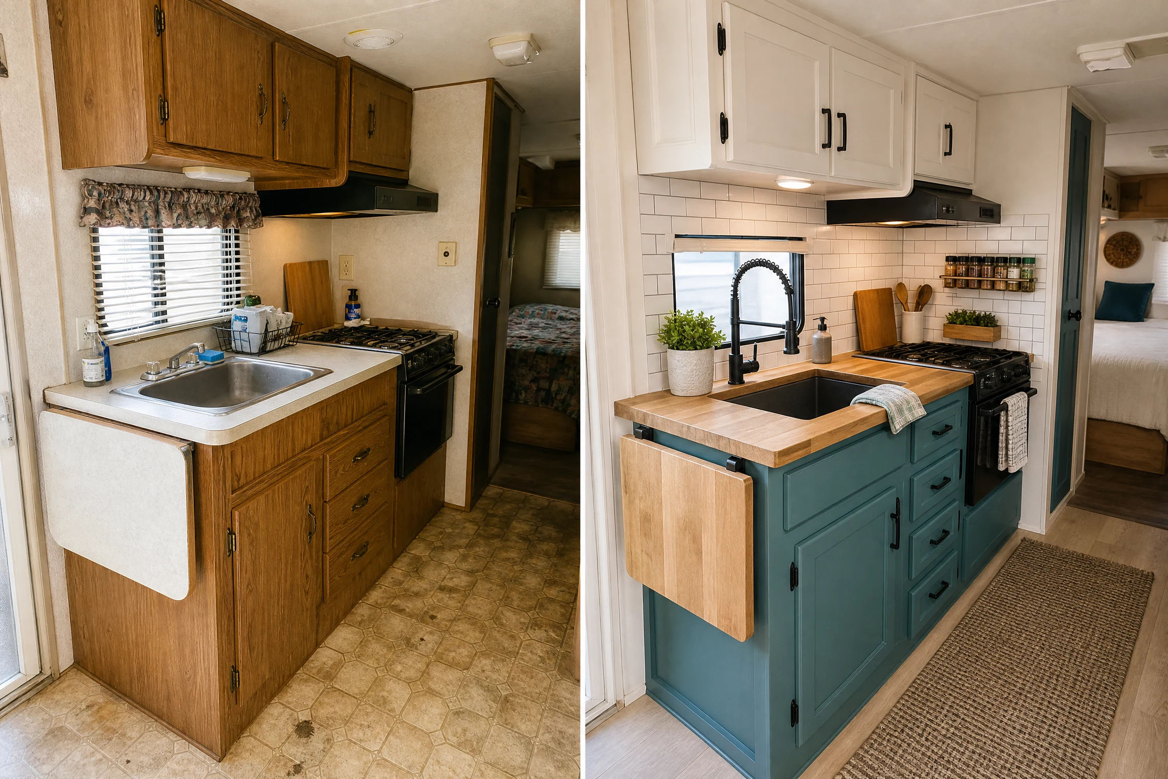 RV kitchen makeover before and after with teal cabinetry and butcher block