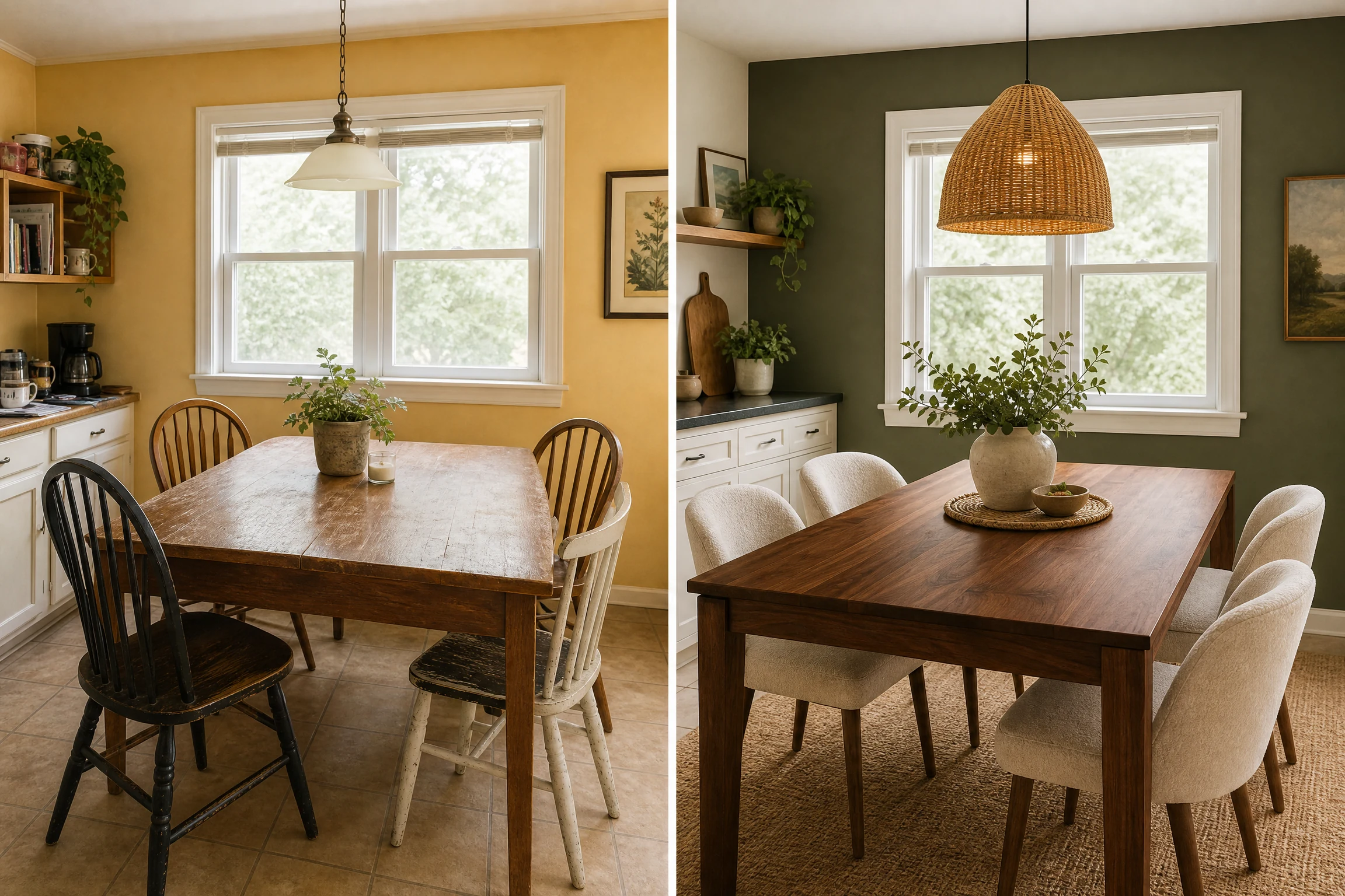Before and after kitchen table makeover with walnut finish and cream chairs