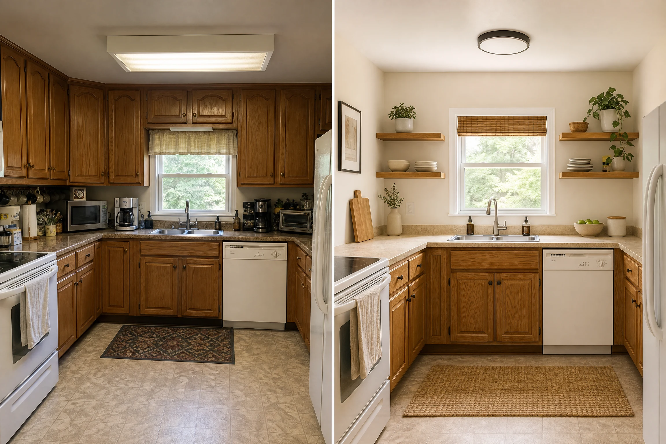 Before and after kitchen with upper cabinets removed and open shelves