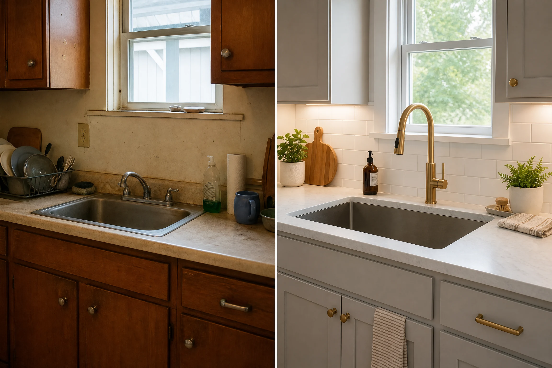 Before and after kitchen sink with deep basin and brass faucet