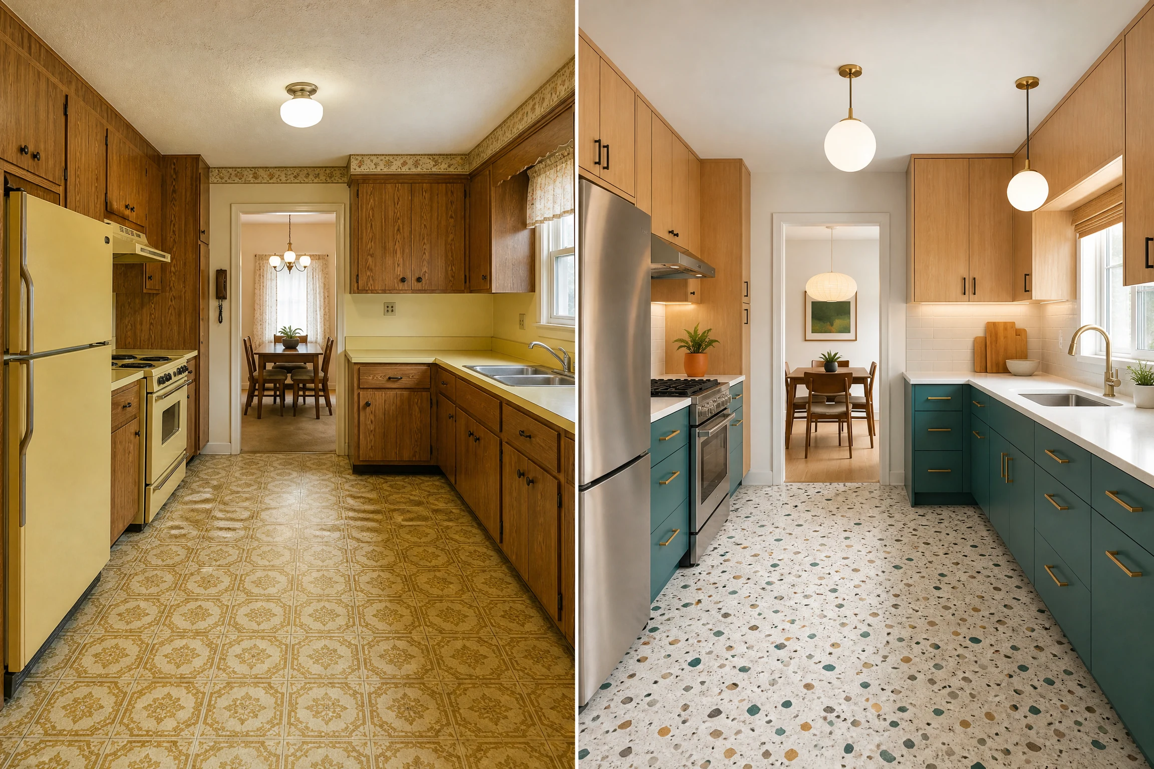 60s kitchen remodel before and after with teal cabinets and terrazzo floor