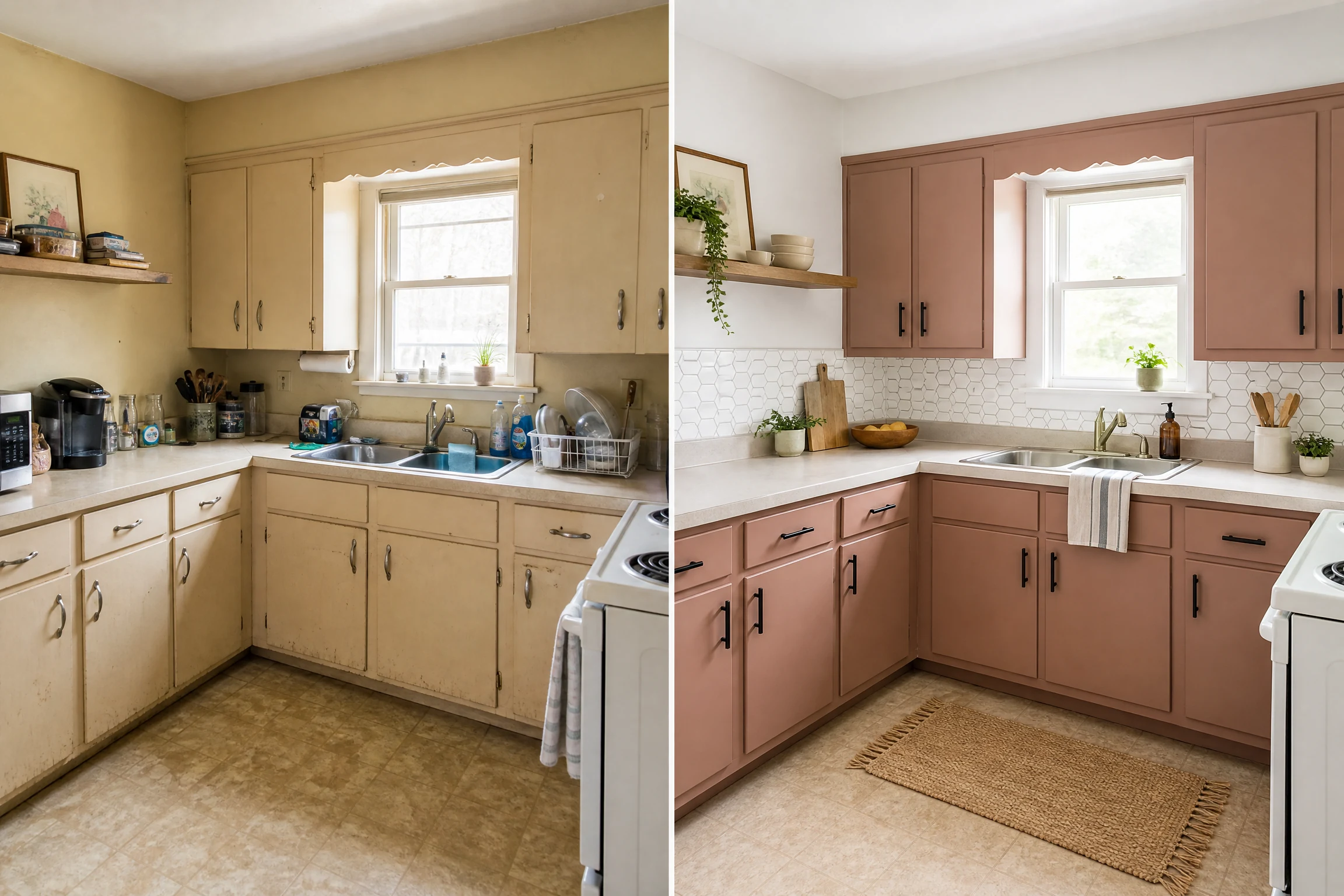 Before and after kitchen DIY makeover with clay paint and black hardware