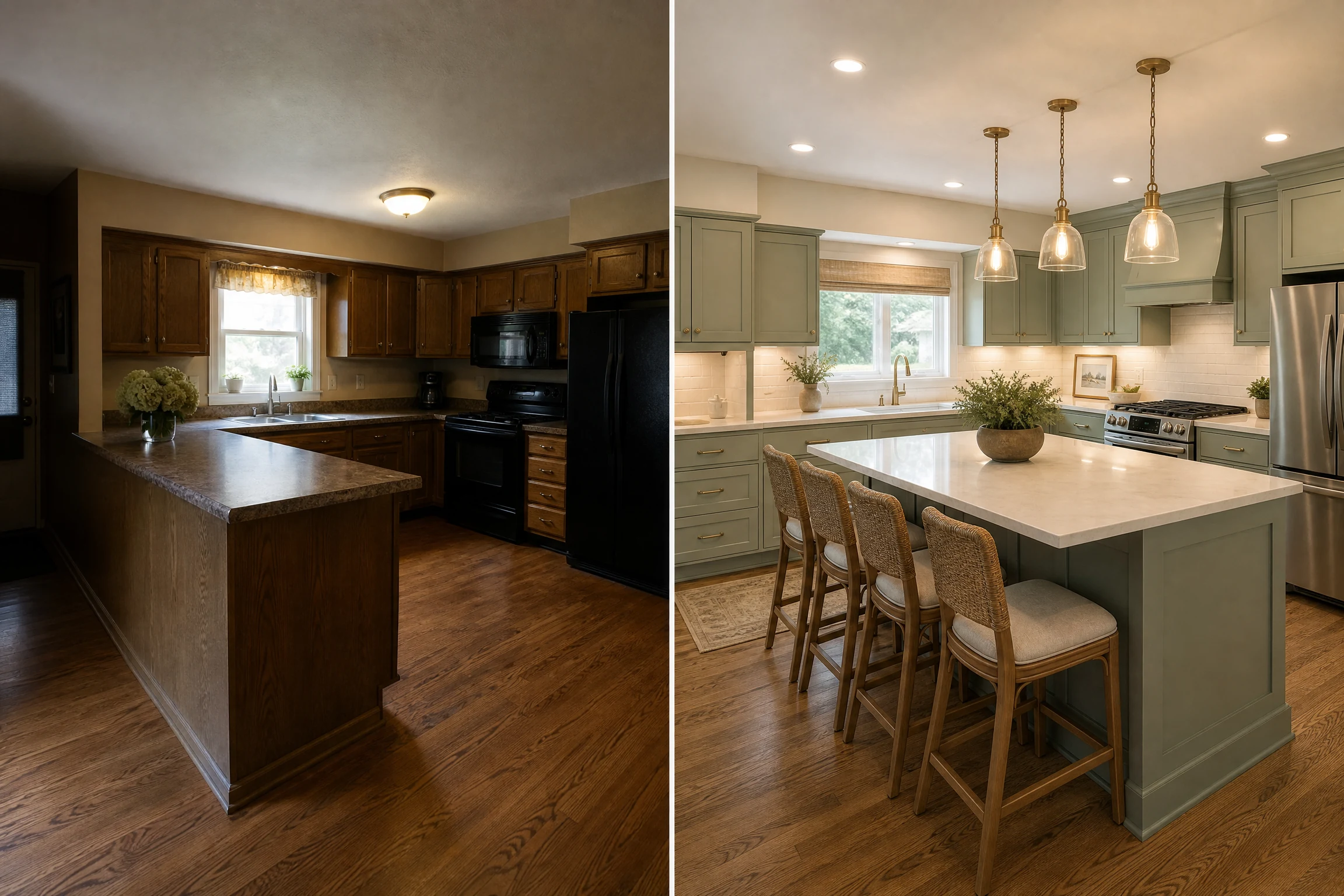Before and after kitchen island makeover with layered pendant lighting