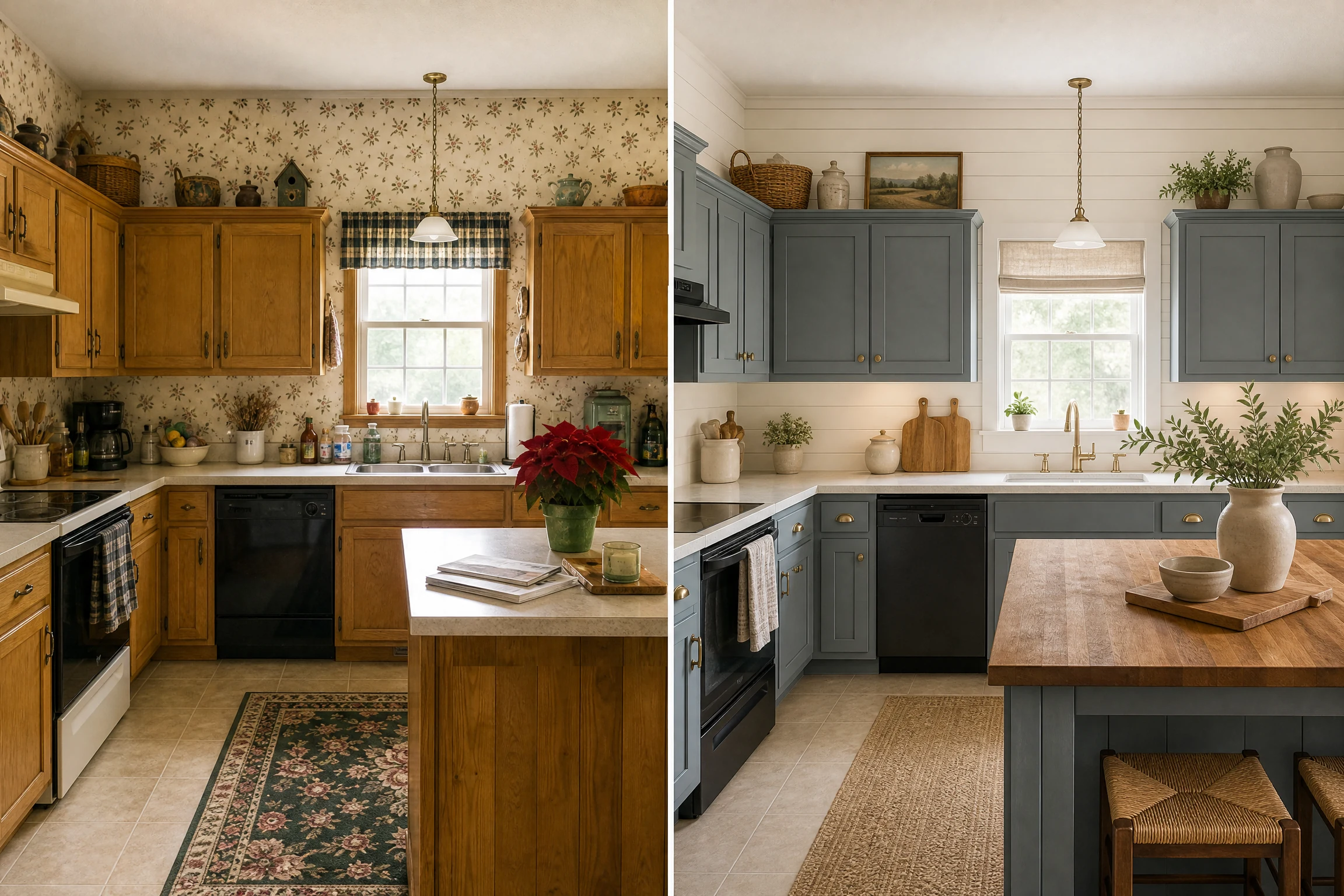 Farmhouse kitchen cabinet paint before and after in blue gray and wood