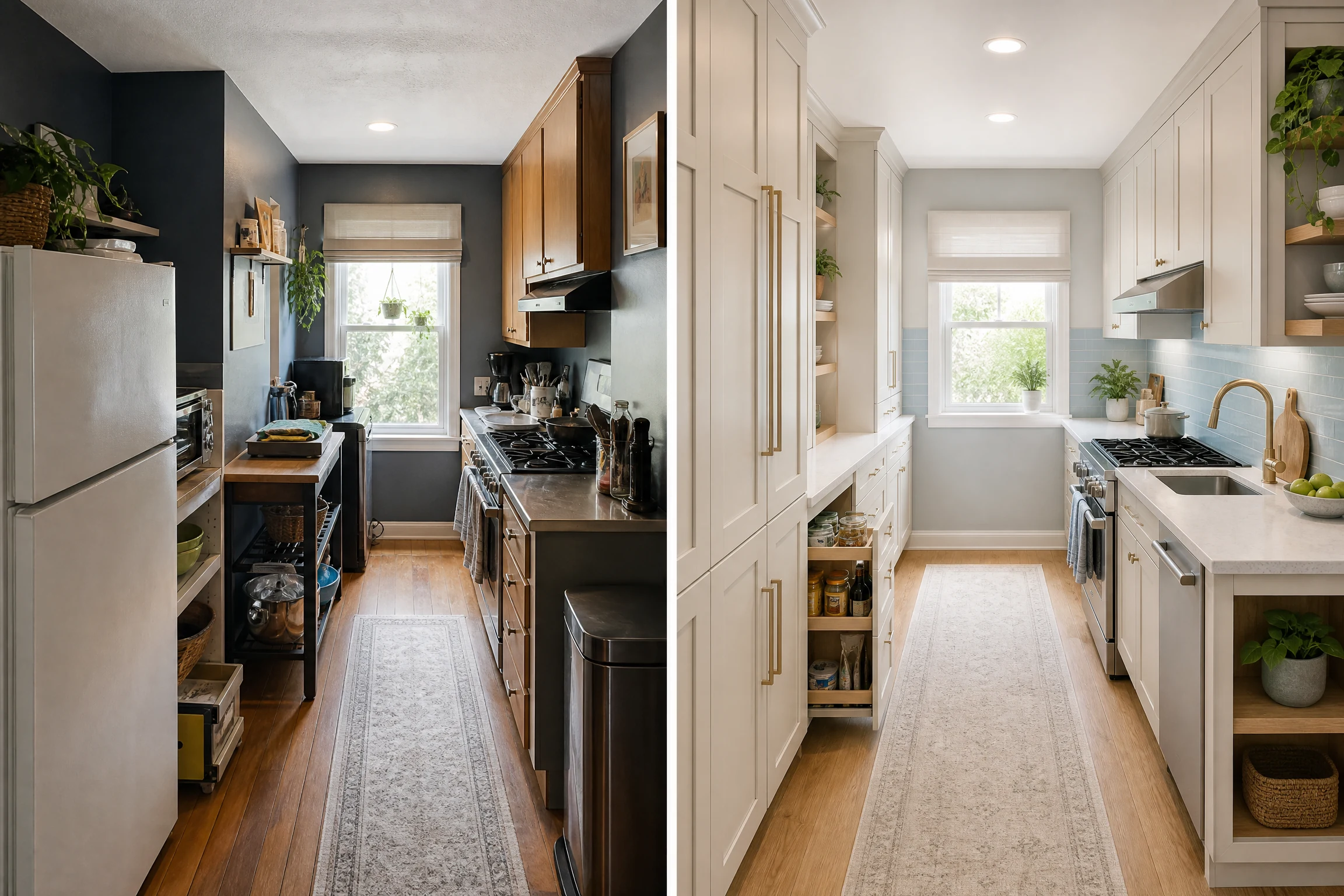 Narrow kitchen remodel before and after with full-height storage