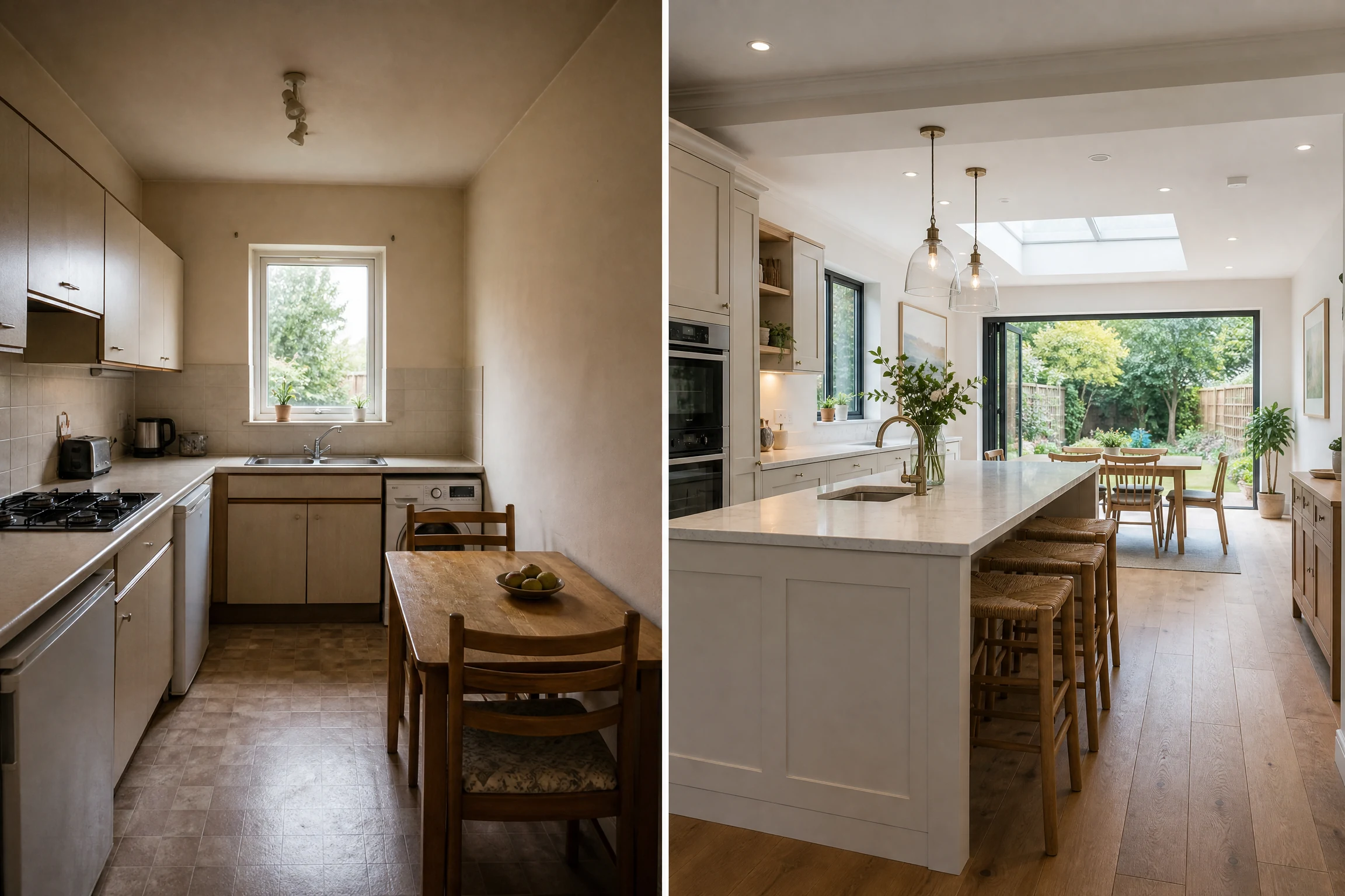 Kitchen extension ideas before and after with island and garden glazing