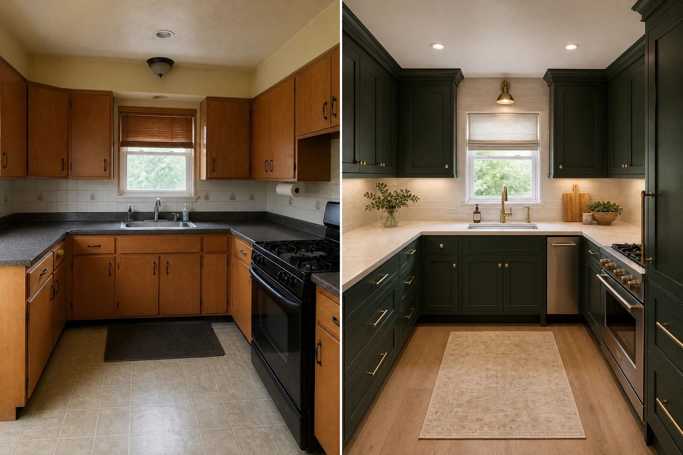U kitchen remodel before and after with deep green cabinets and brass