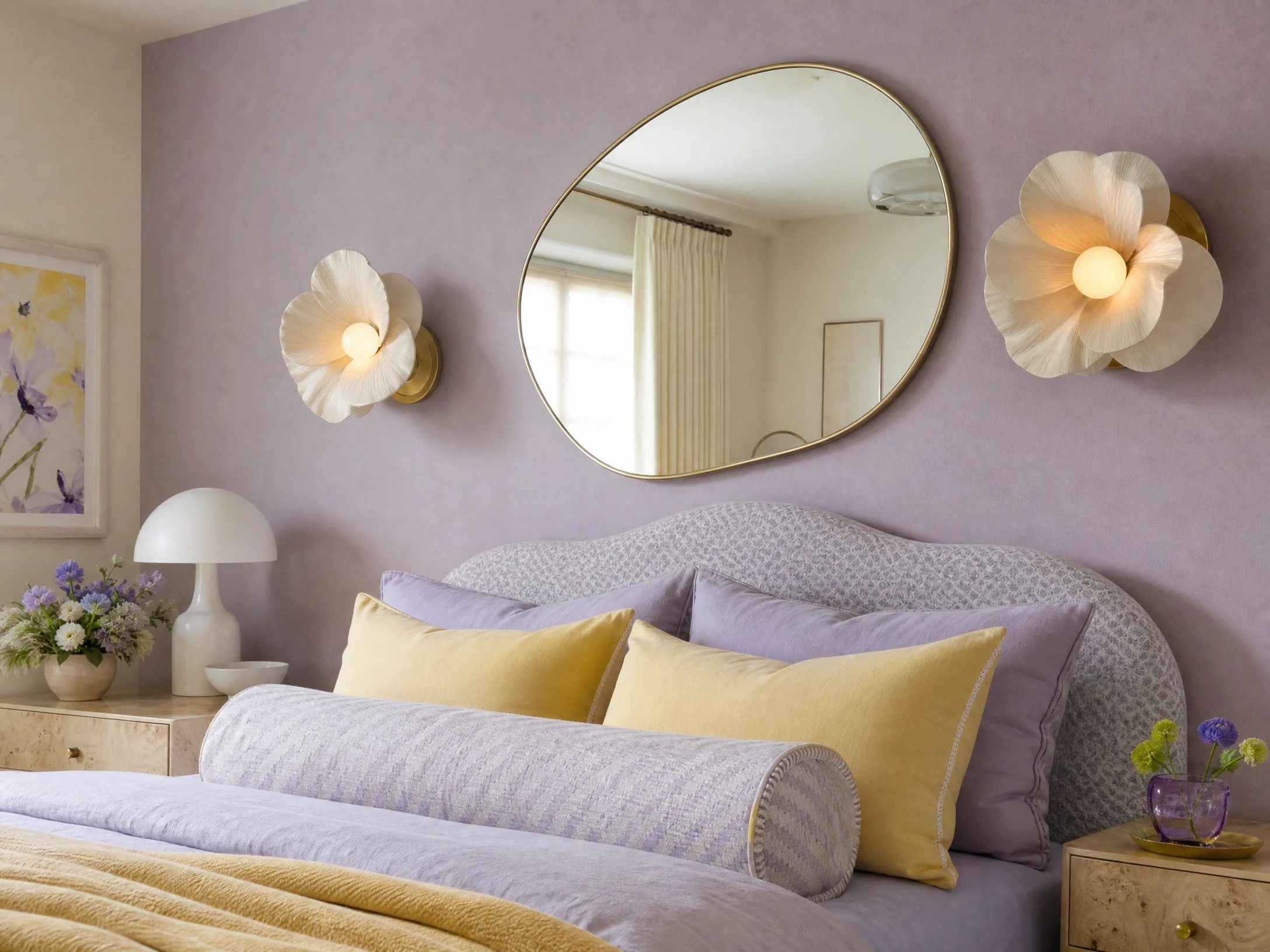 Lilac bedroom with flower wall sconces