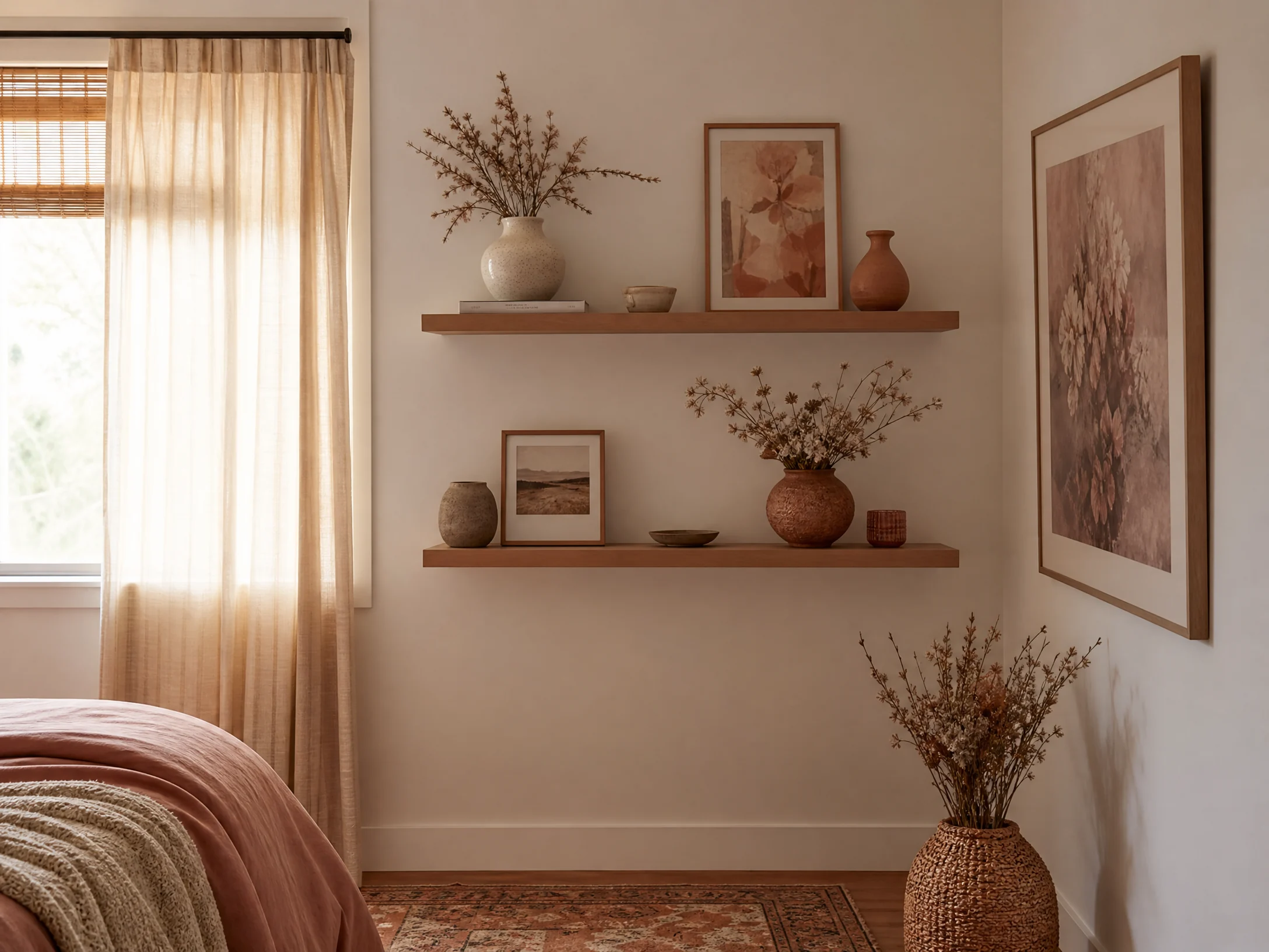 Dried flowers on bedroom shelves