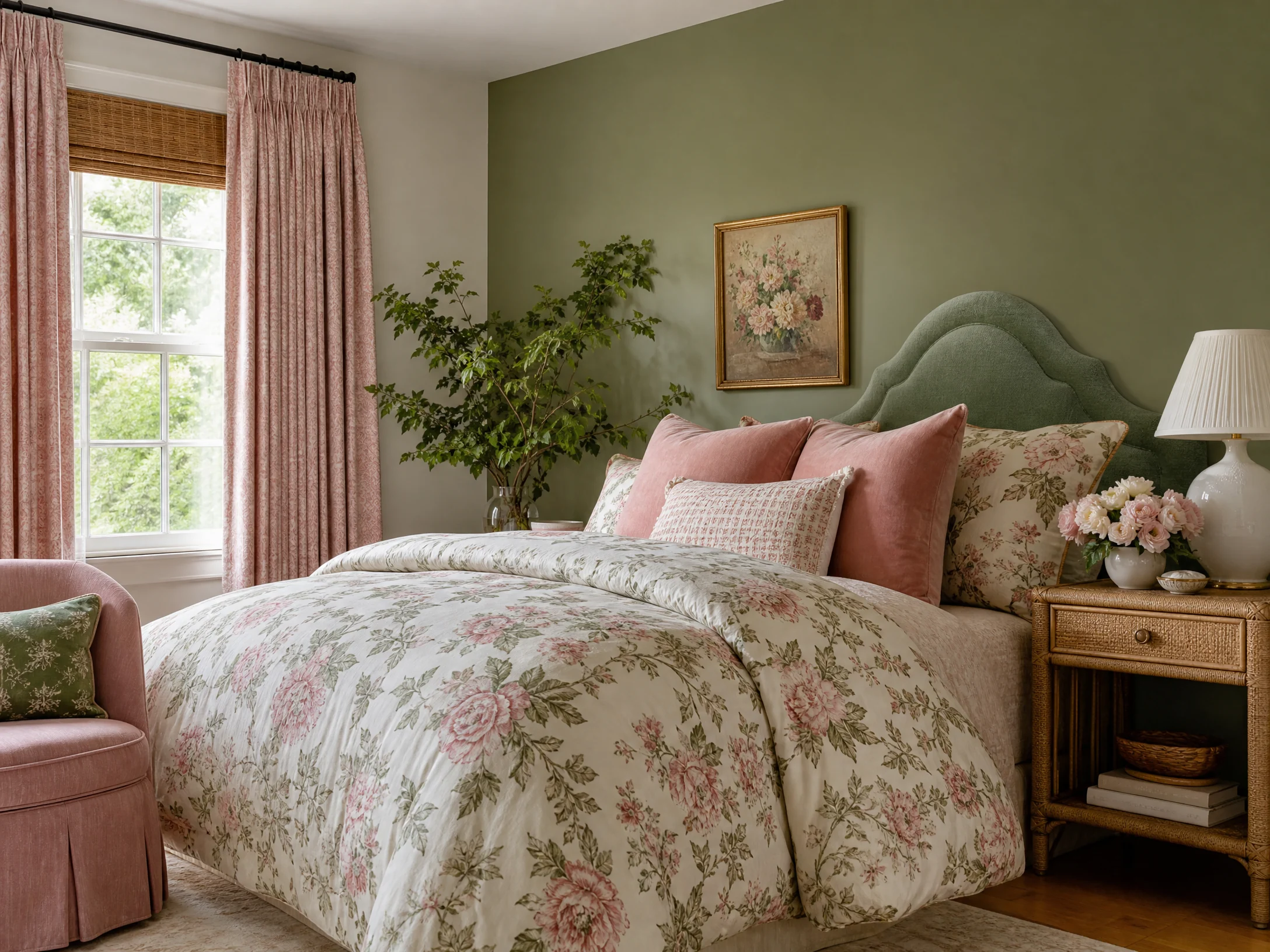 Pink and green floral bedroom