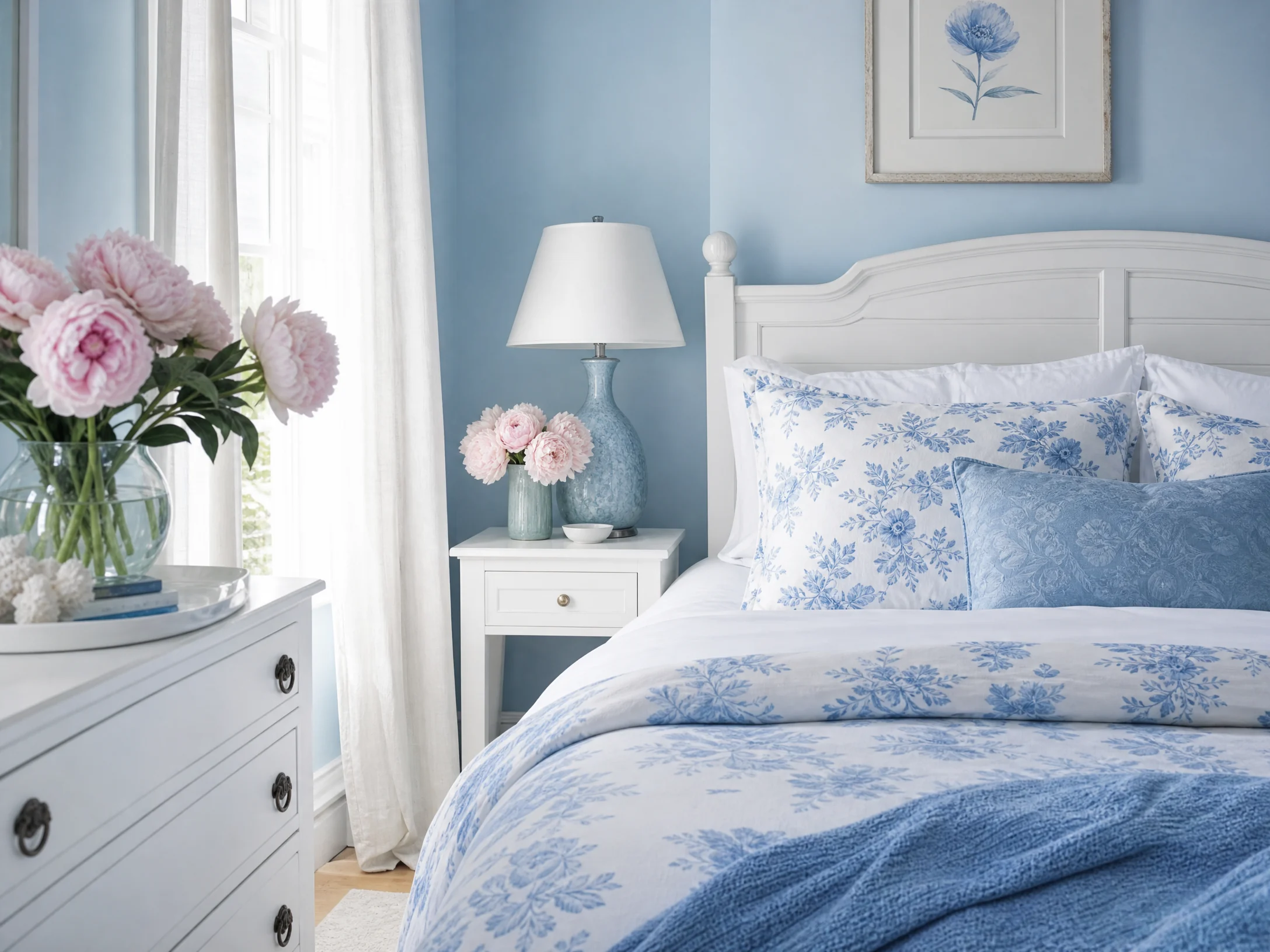 Blue and white floral bedroom