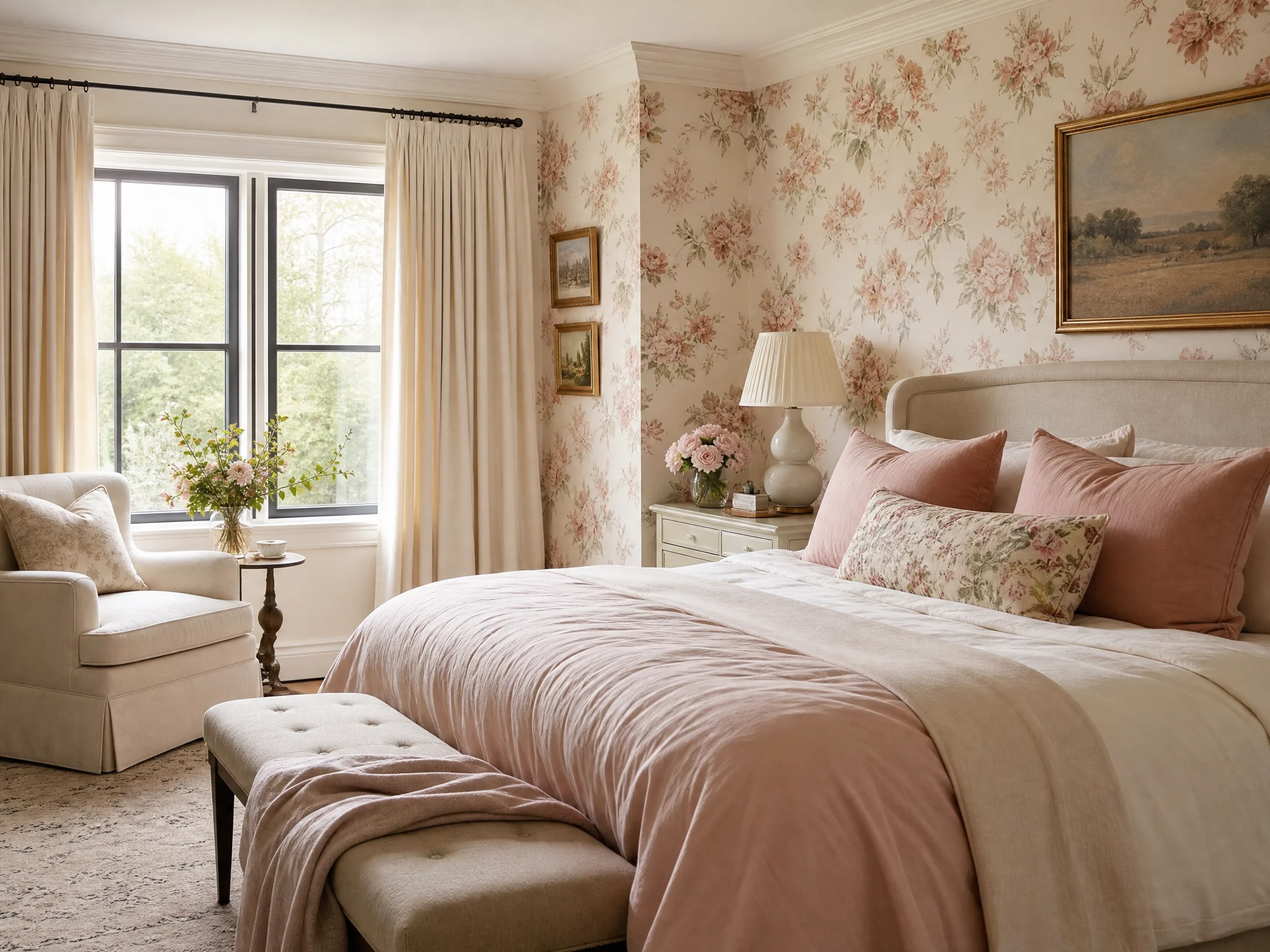 Blush floral wallpaper bedroom