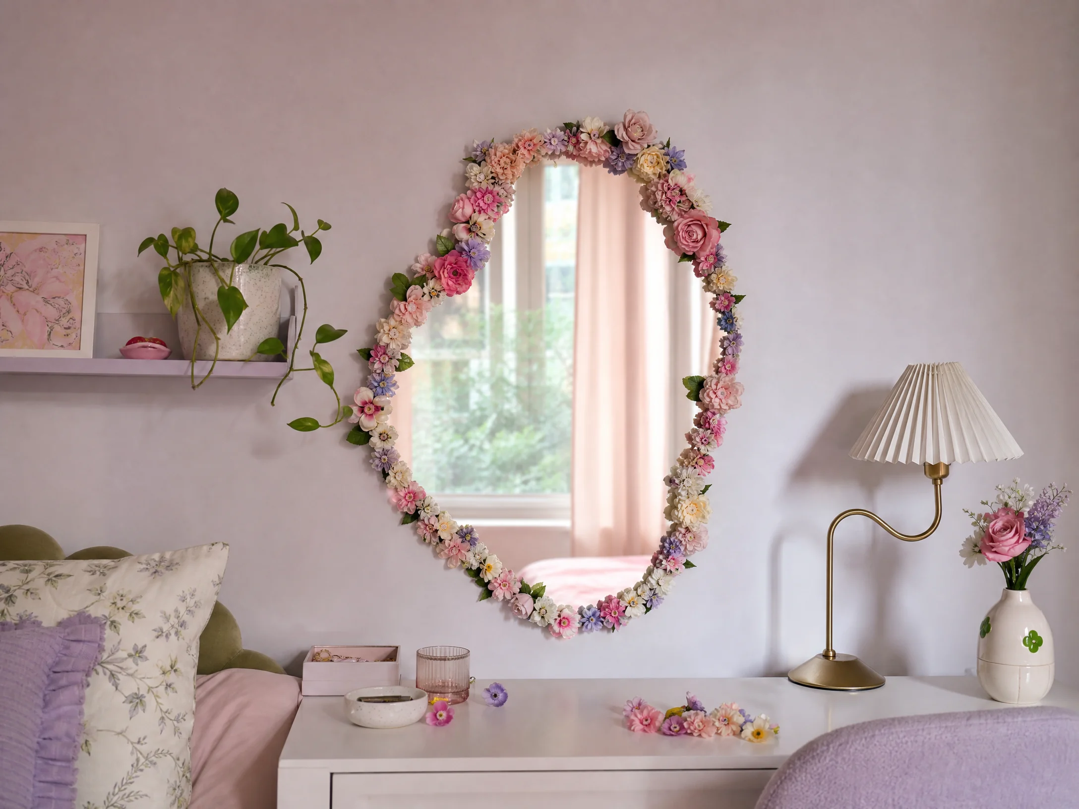DIY flower-framed mirror