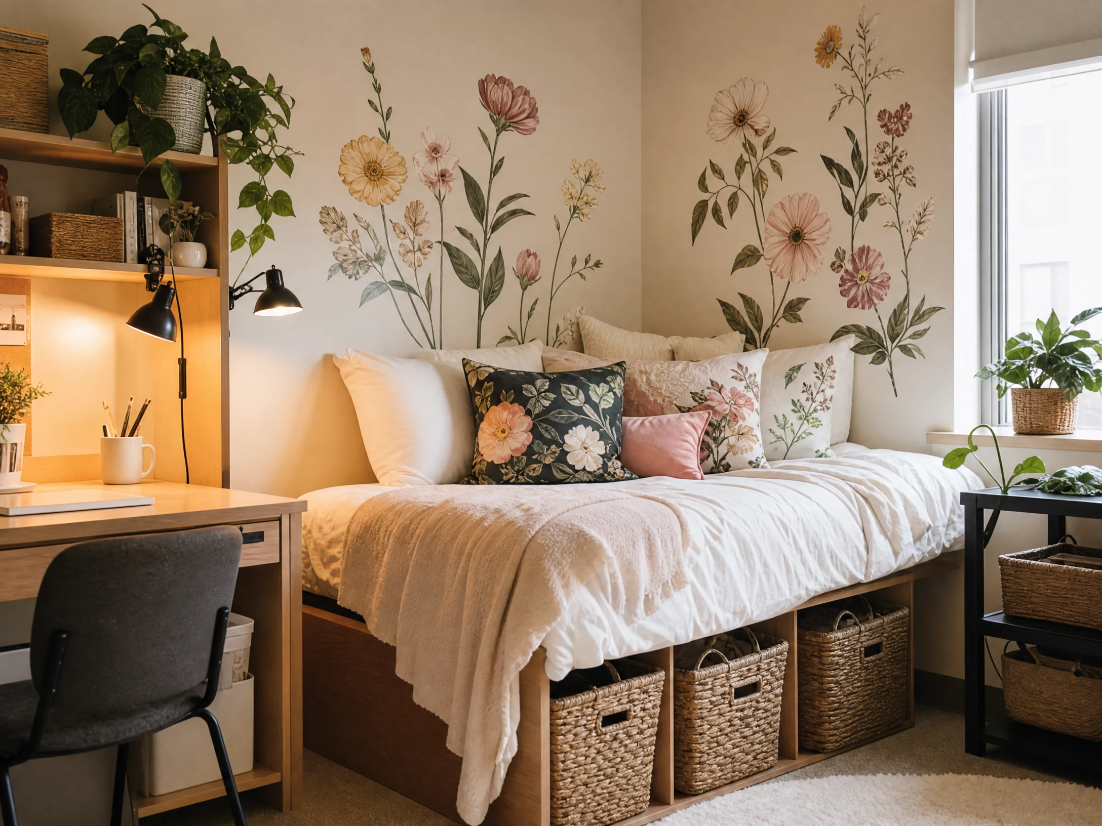 Renter-friendly floral dorm room