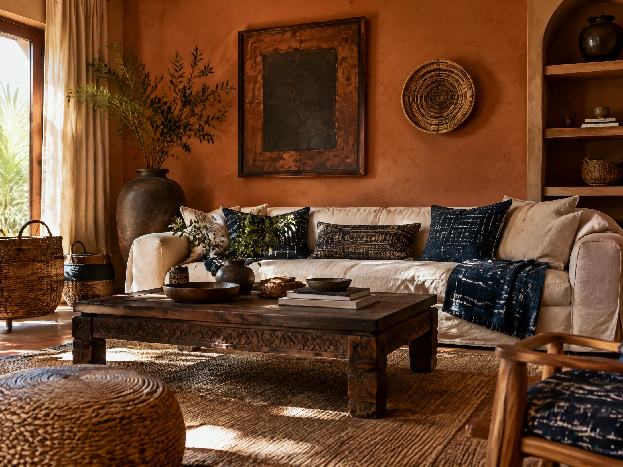Terracotta Afrohemian living room with indigo mud-cloth textiles