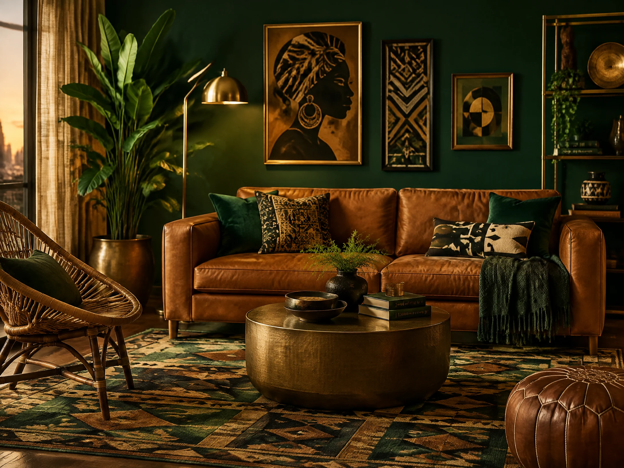 Emerald green and brass Afrohemian living room