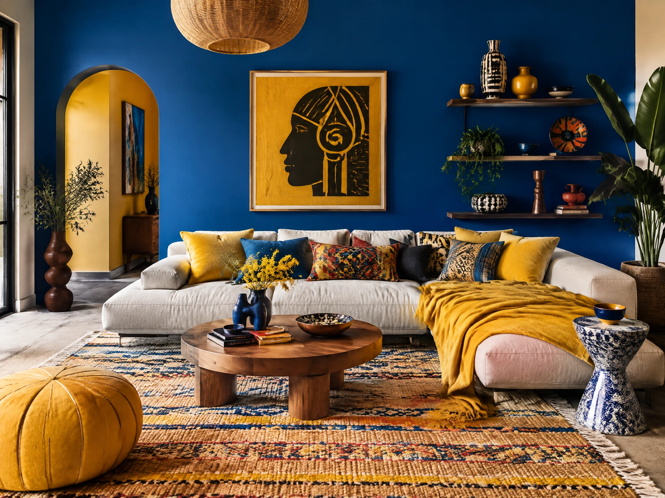 Cobalt blue and saffron Afrohemian living room