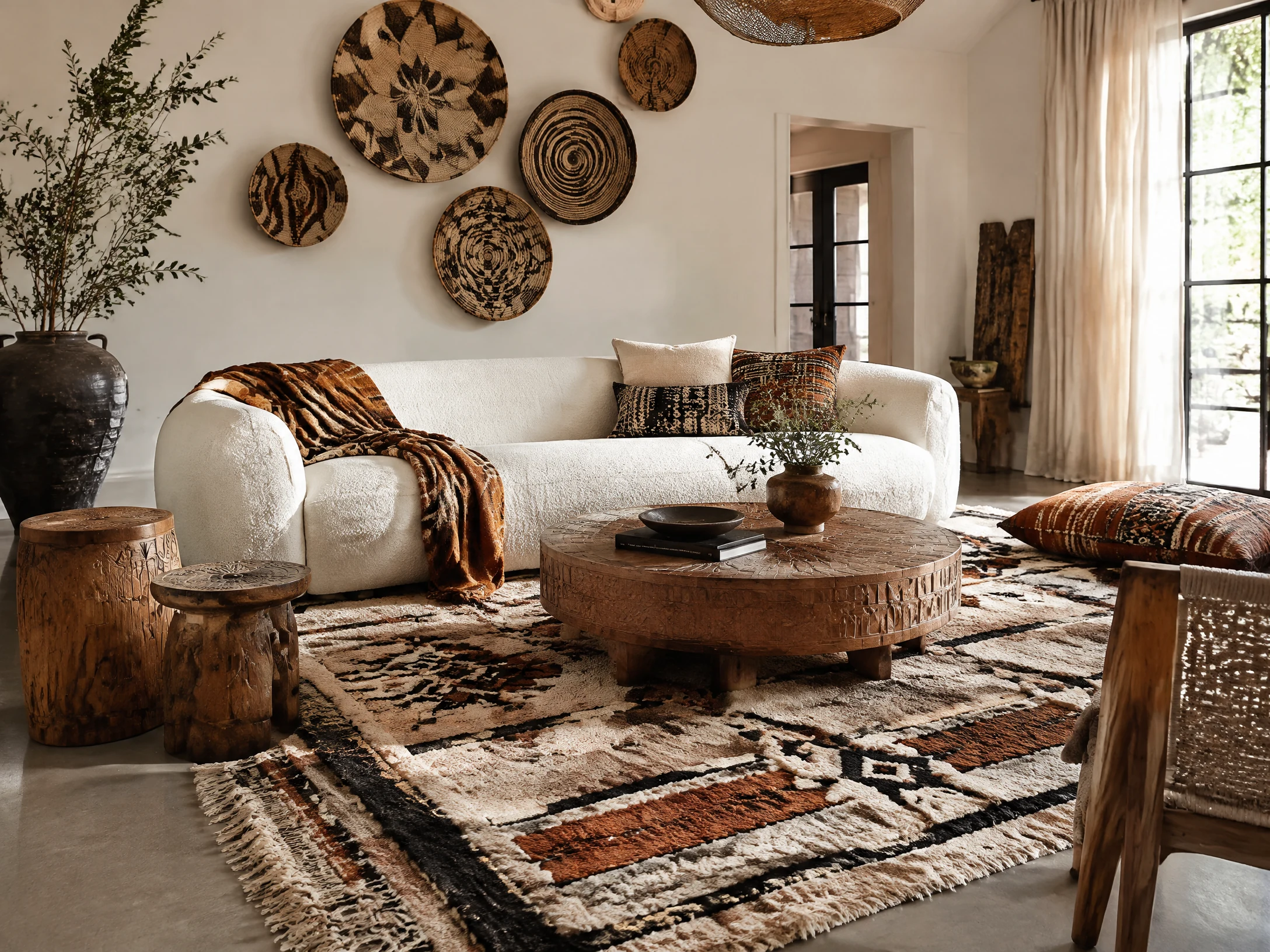 Afrohemian living room centered on a Moroccan rug
