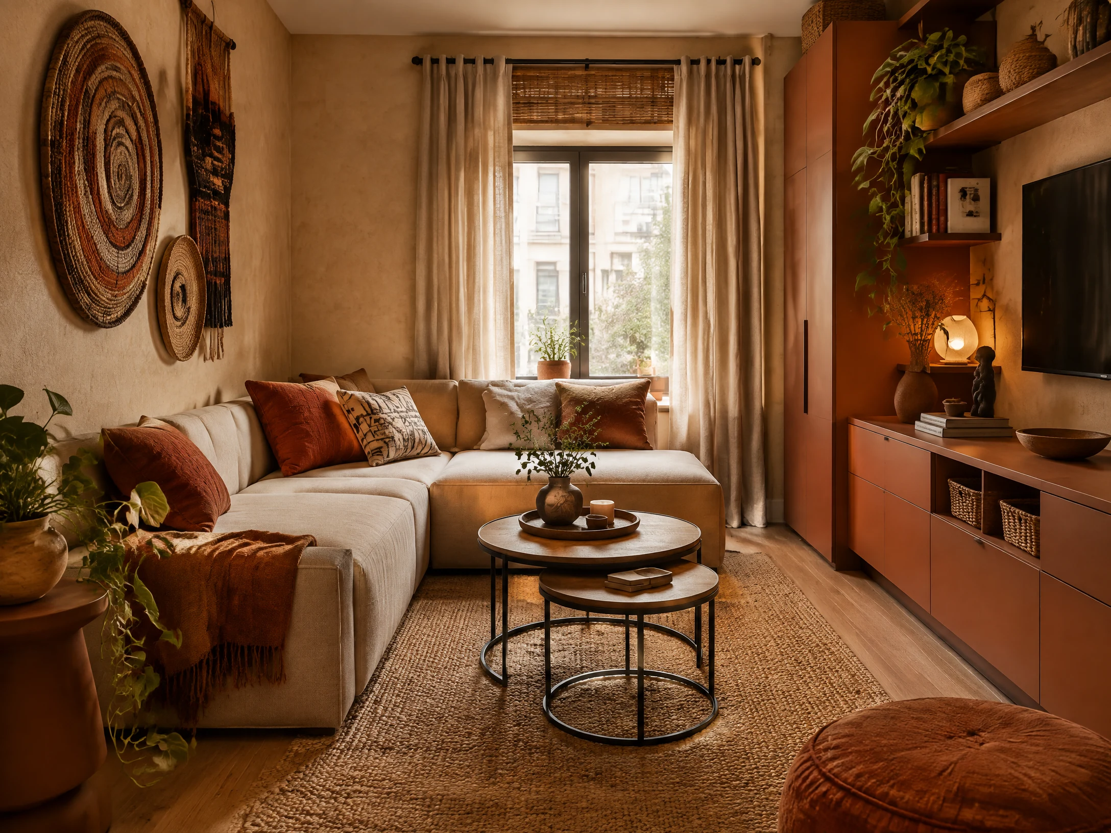 Small Afrohemian apartment living room