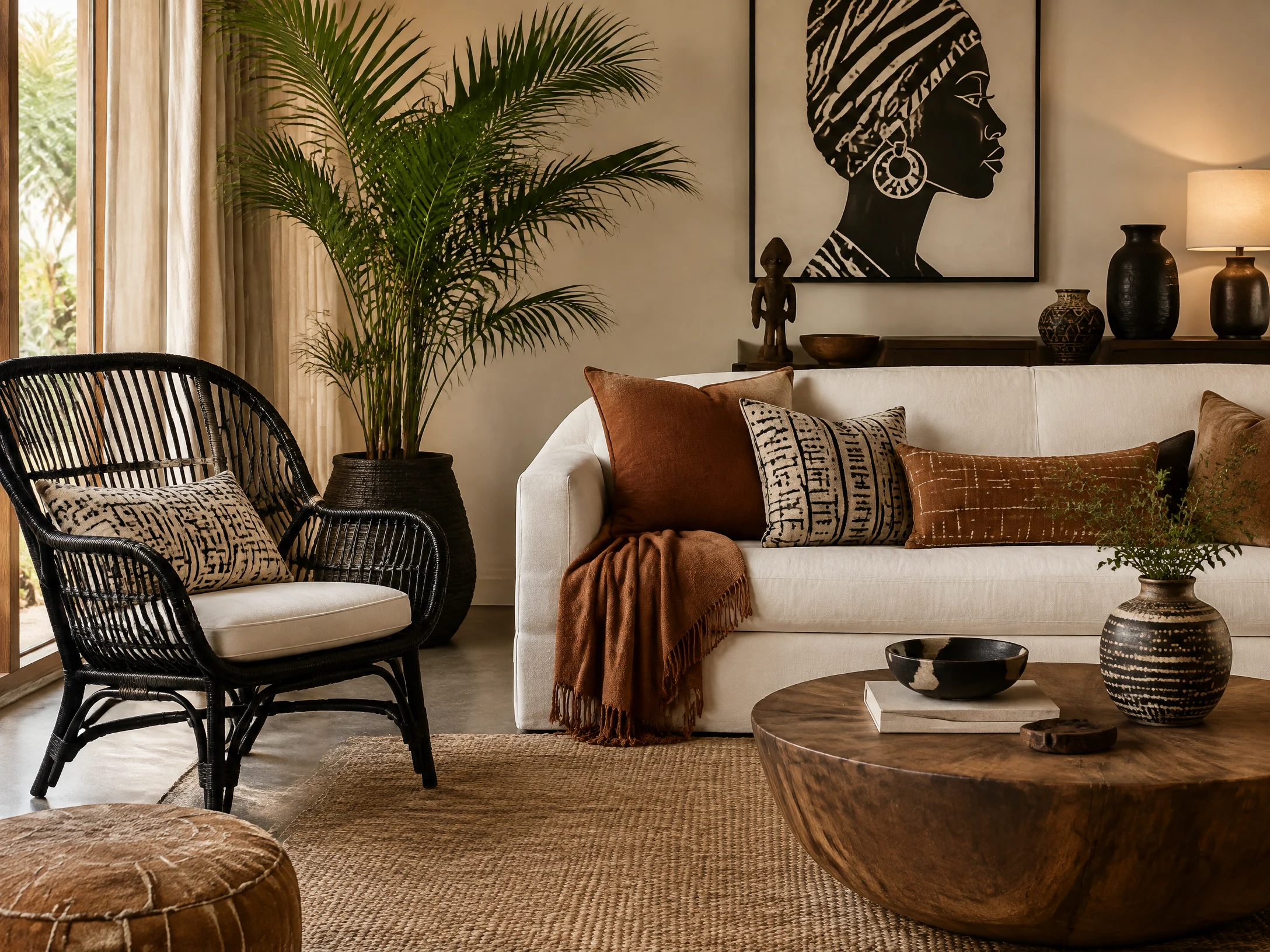 Black rattan chair in an Afrohemian living room