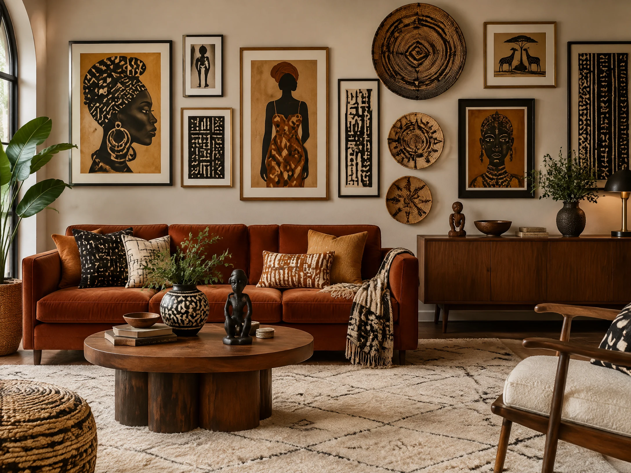 Afrohemian gallery wall above a rust sofa