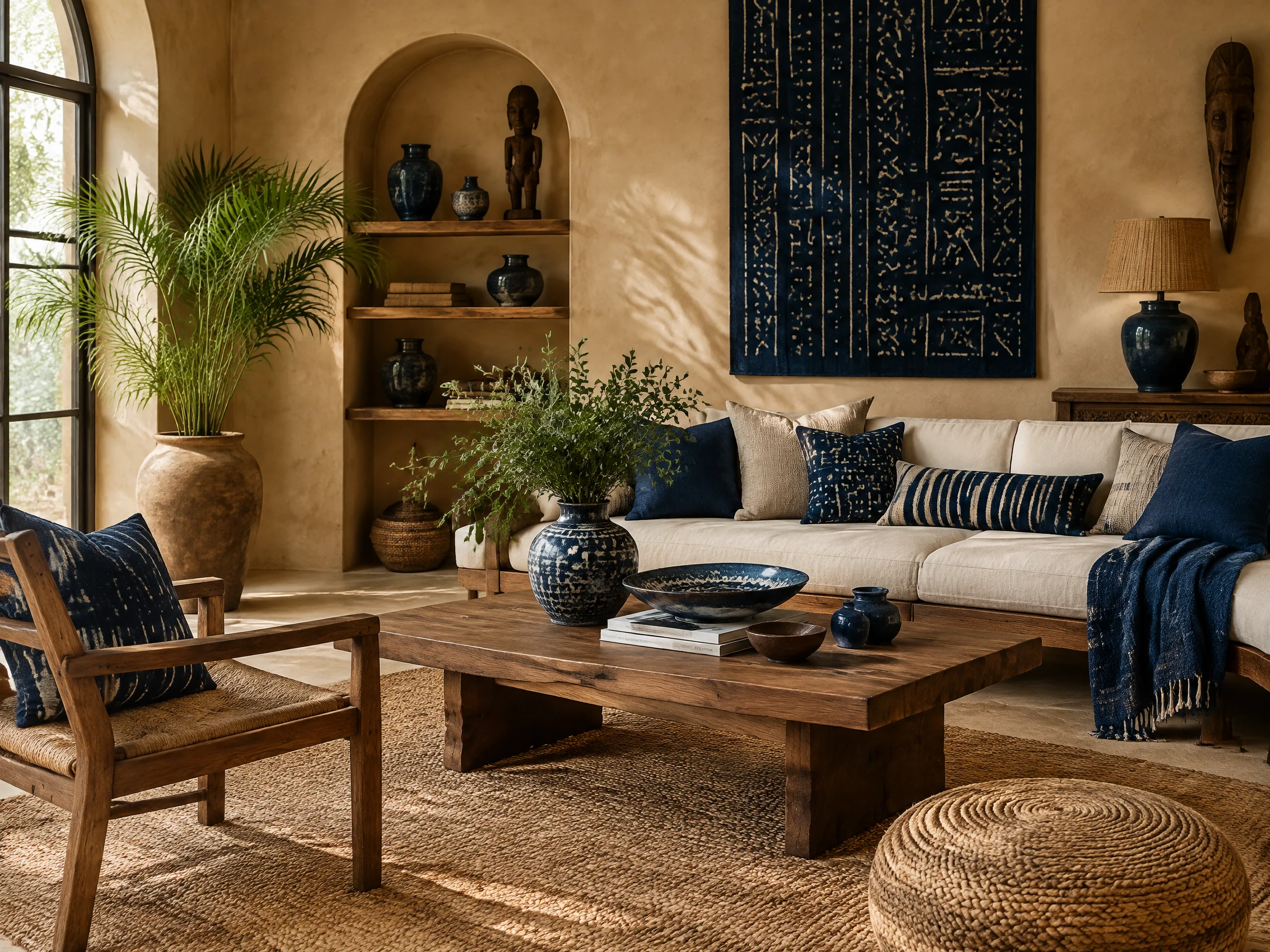 Indigo ceramics and earthy Afrohemian living room