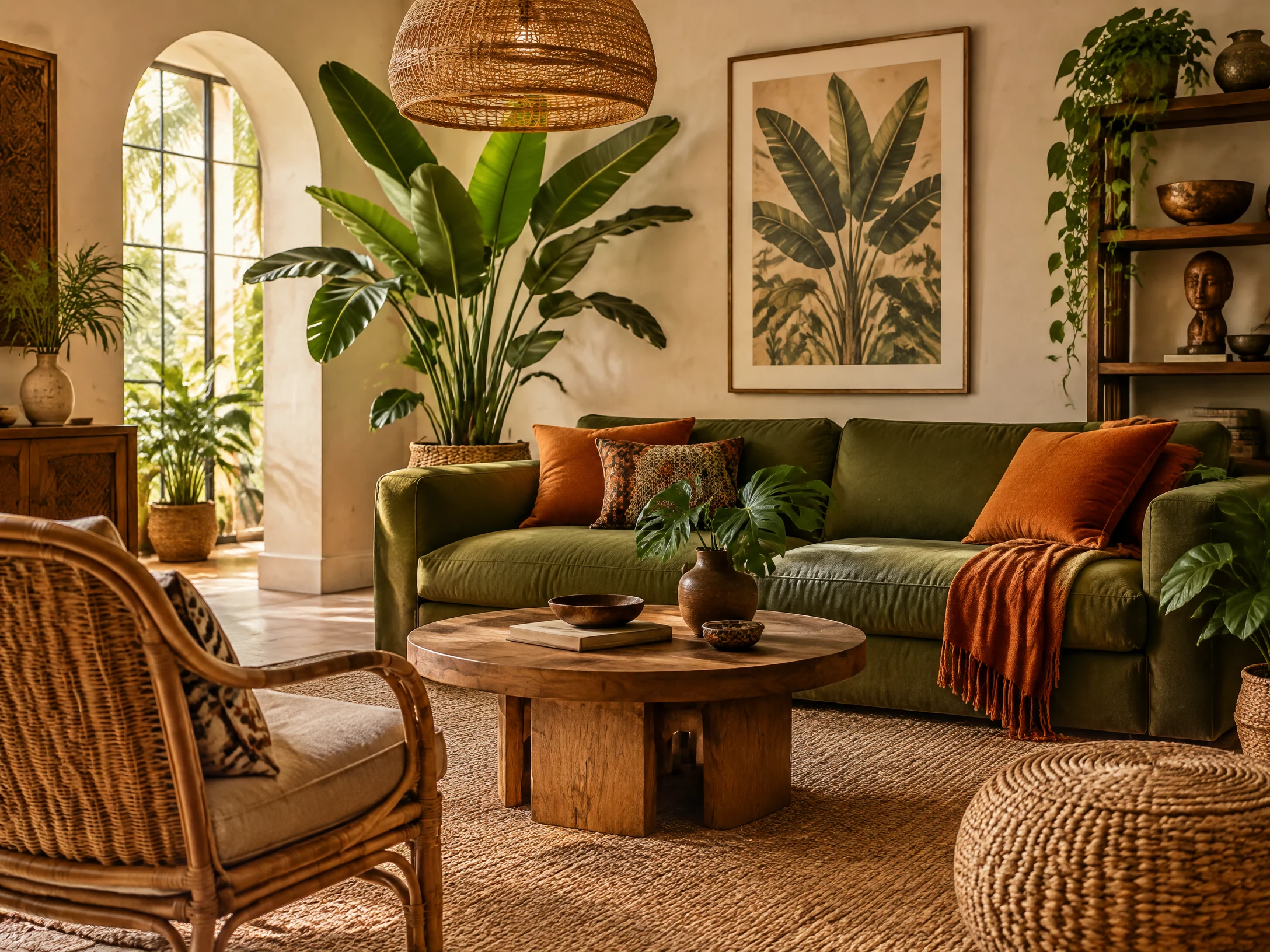 Olive green sofa and tropical plants in an Afrohemian room
