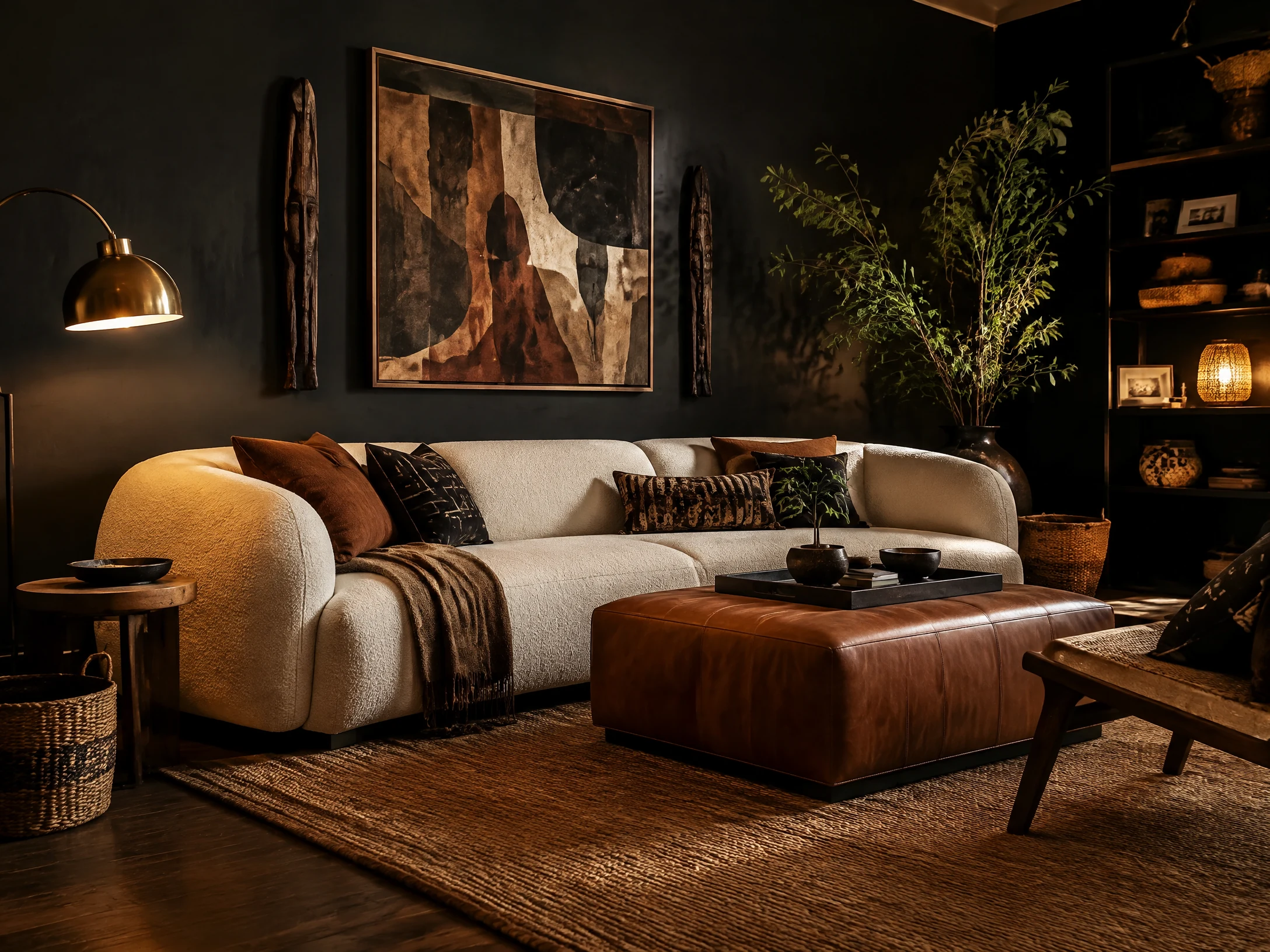 Matte black accent wall with cream sofa
