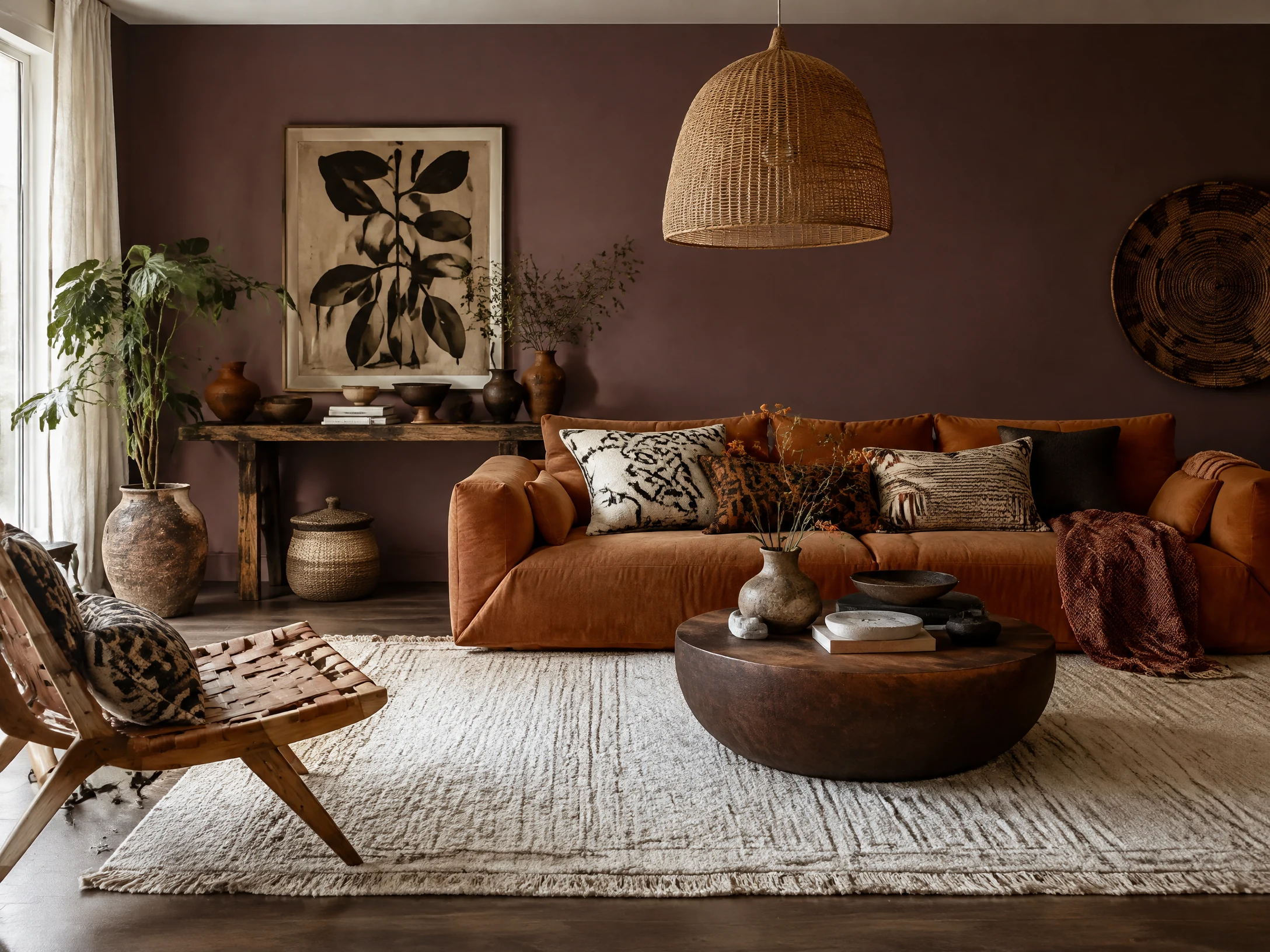 Muted plum and clay-orange Afrohemian living room