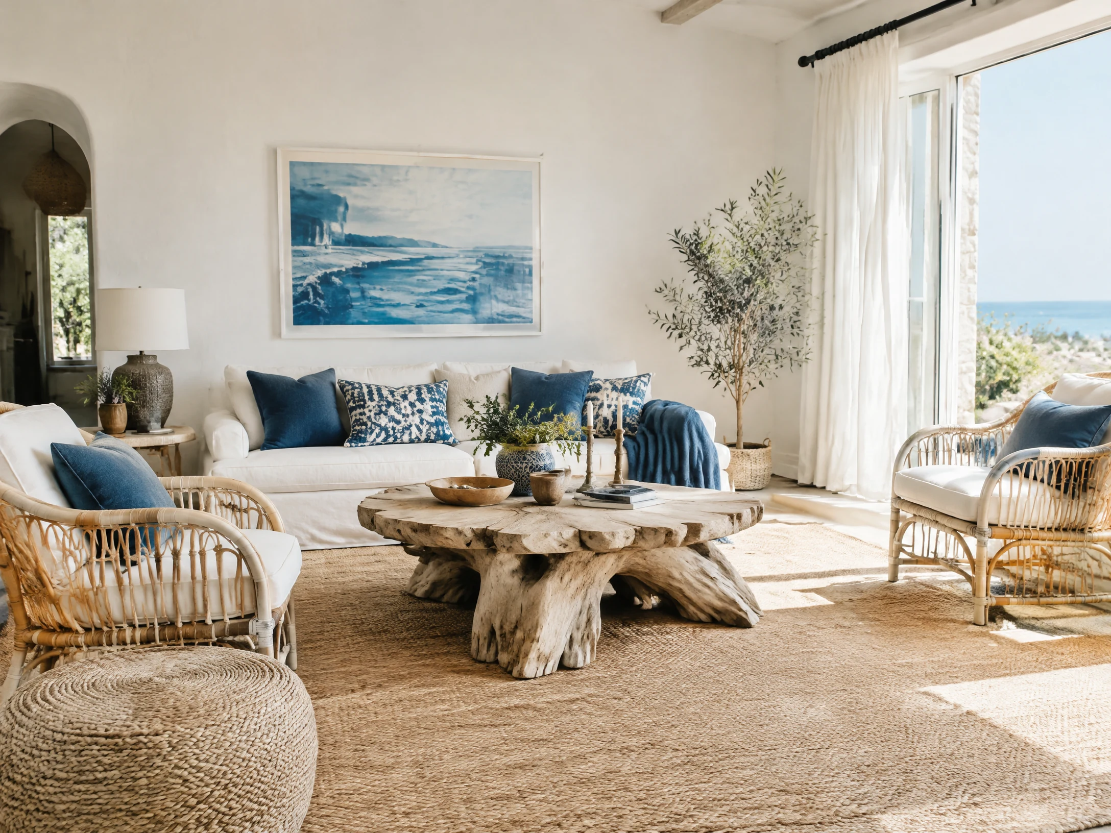 Coastal Afrohemian living room with indigo and sand