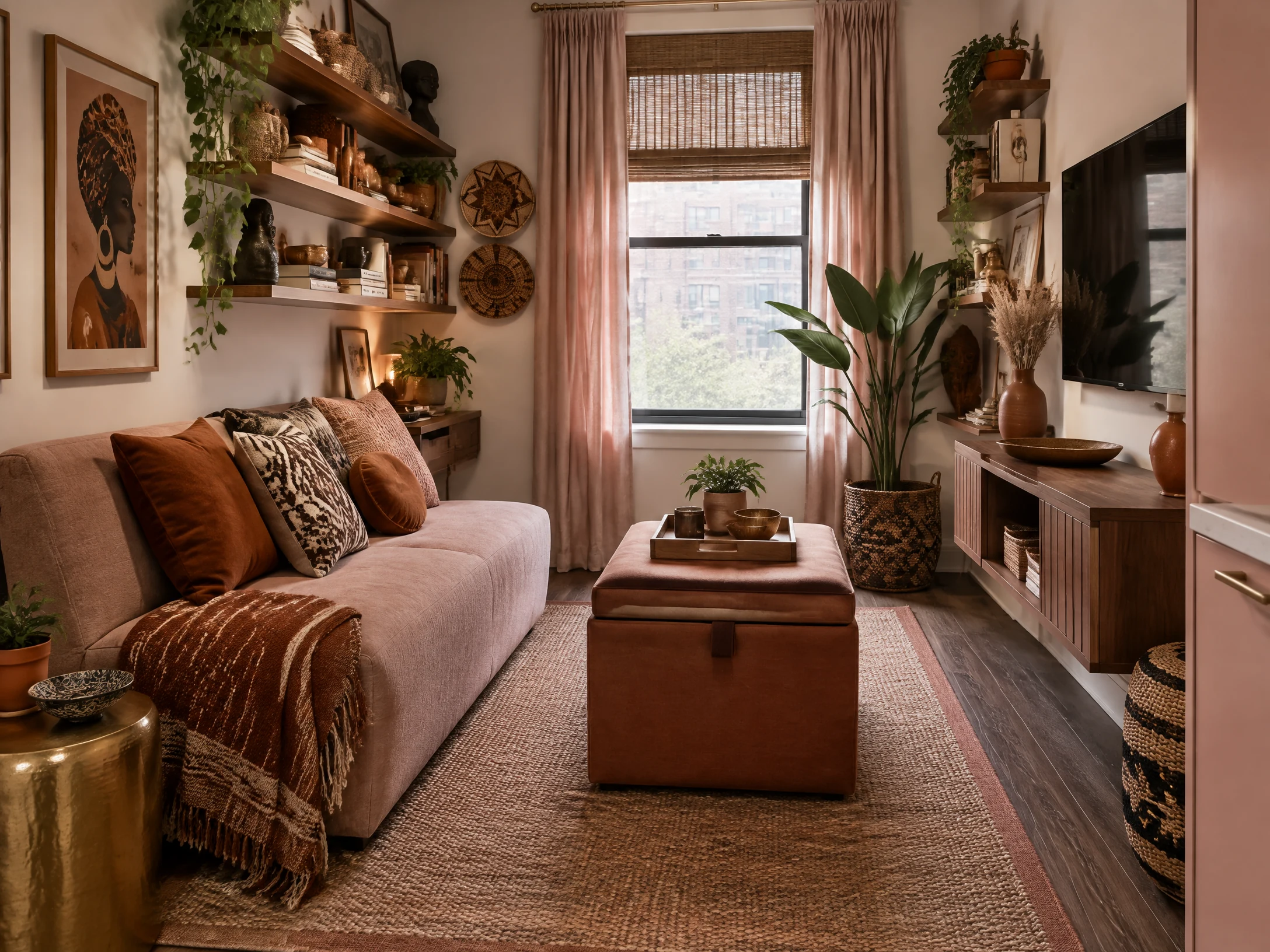 Tiny apartment Afrohemian living room with storage ottoman