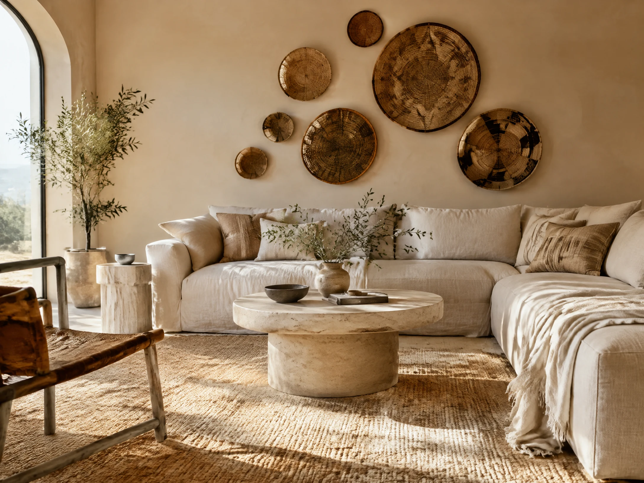 Sunwashed neutral Afrohemian living room