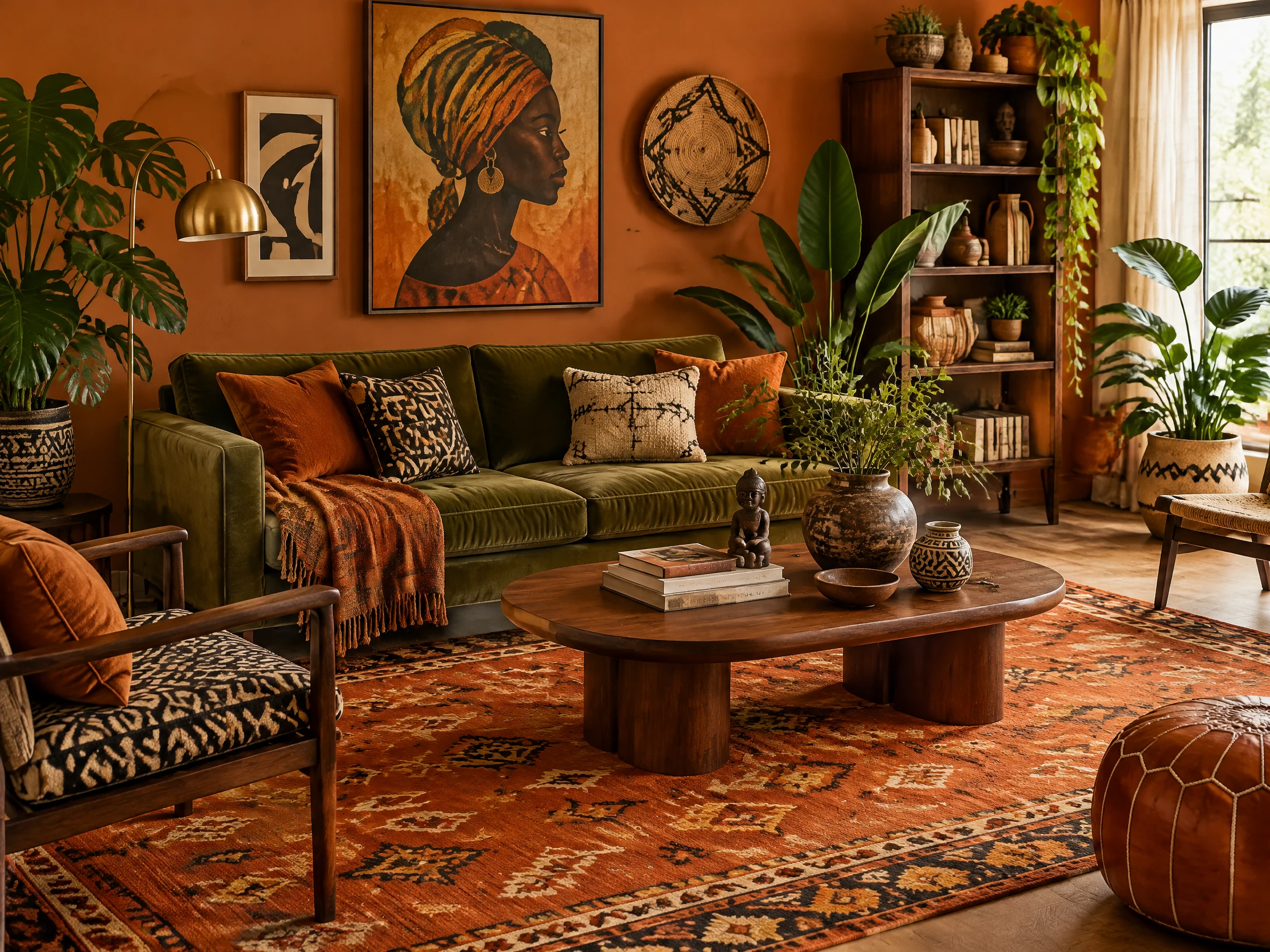 Orange and olive Afrohemian living room