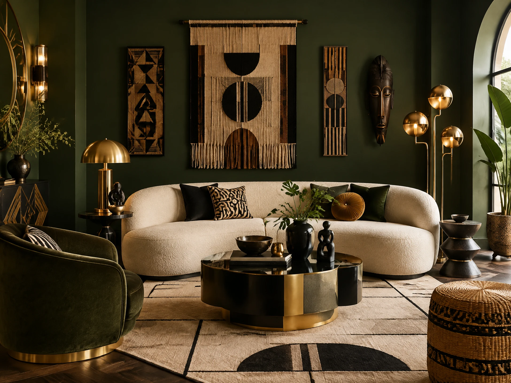 Art Deco Boho living room with green and gold
