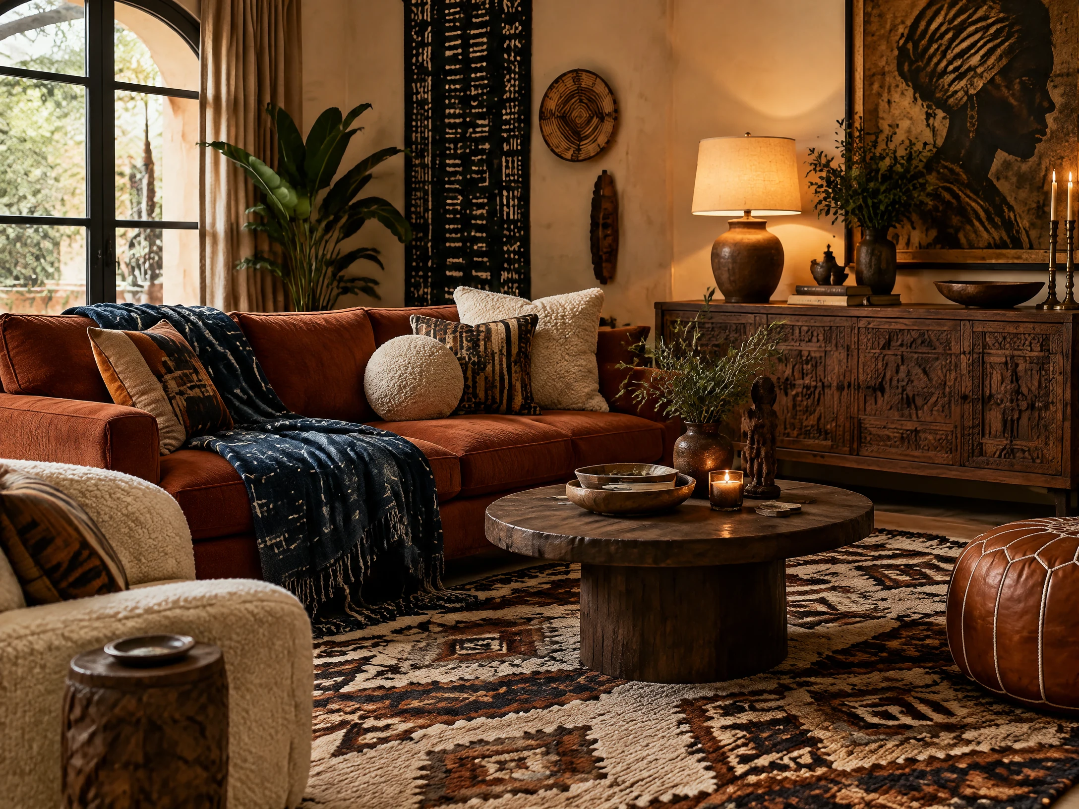 Layered rust, indigo, and cream Afrohemian living room