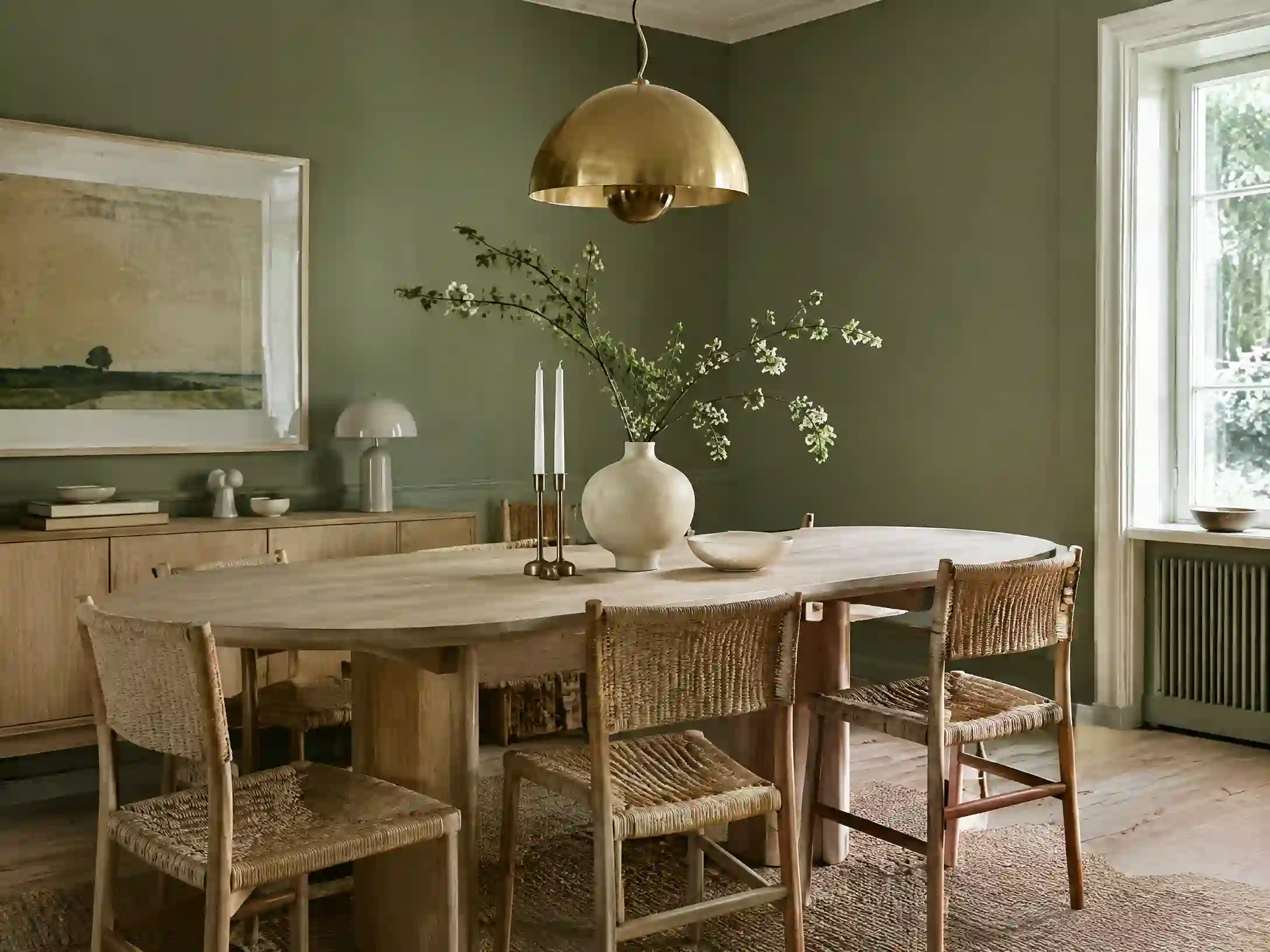 Sage, blonde wood, and soft brass Scandinavian dining room