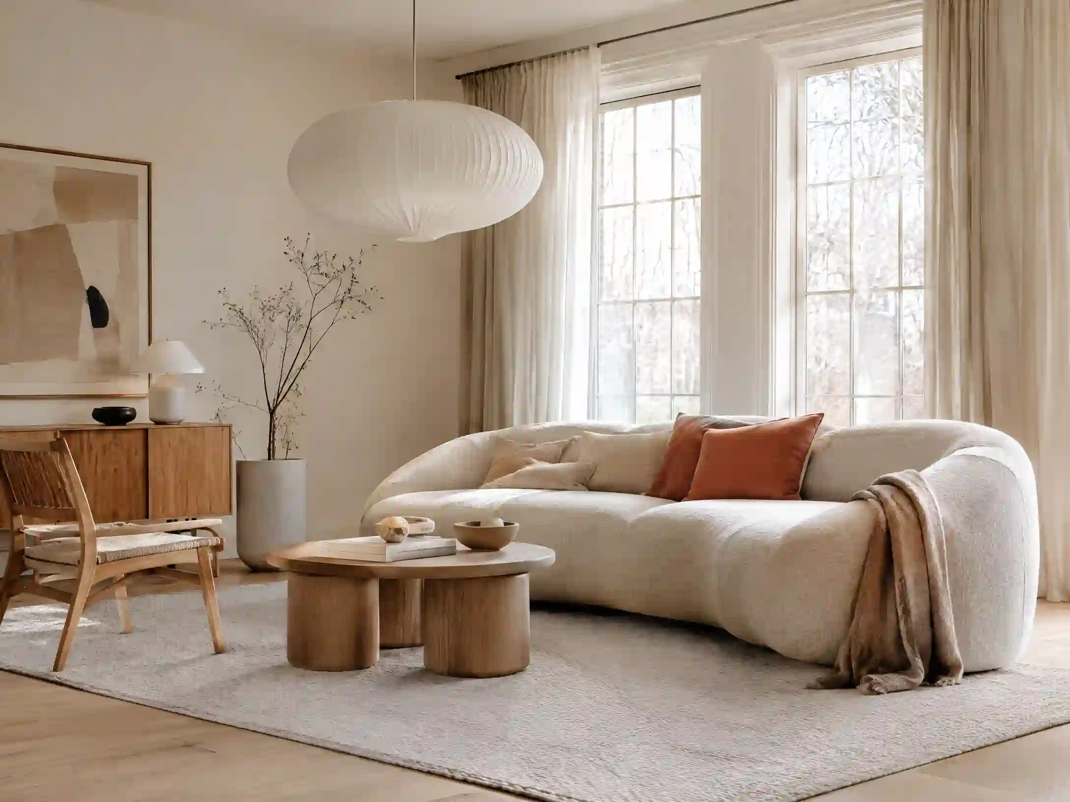 Oatmeal, pale oak, and muted terracotta Scandinavian hygge room