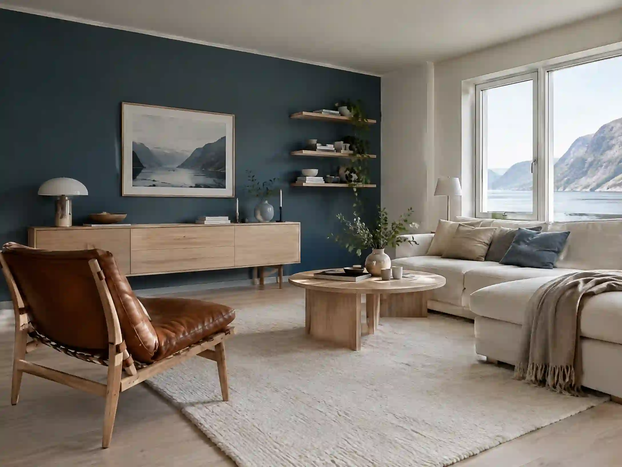 Fjord blue, warm white, and cognac Scandinavian lounge