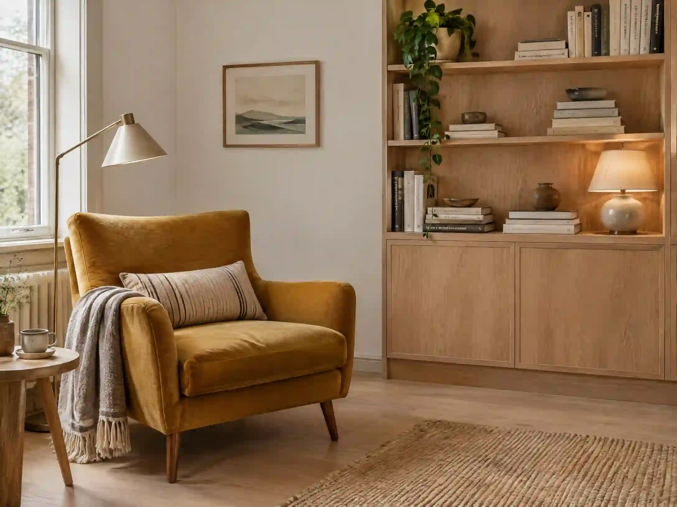 Mustard, cream, and light oak Nordic reading nook