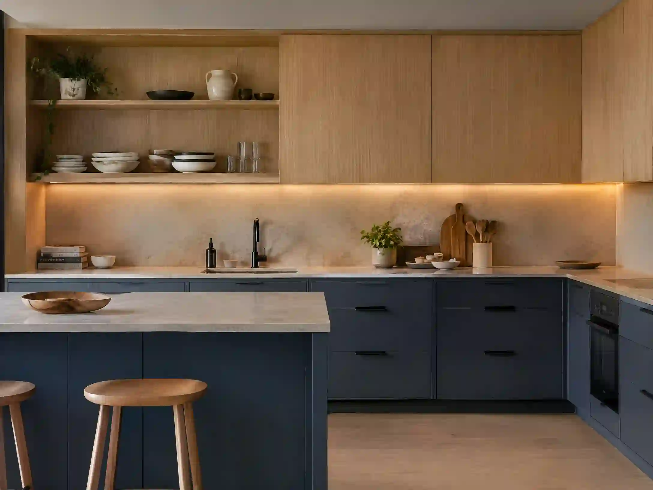 Charcoal blue, white oak, and pale stone Scandinavian kitchen