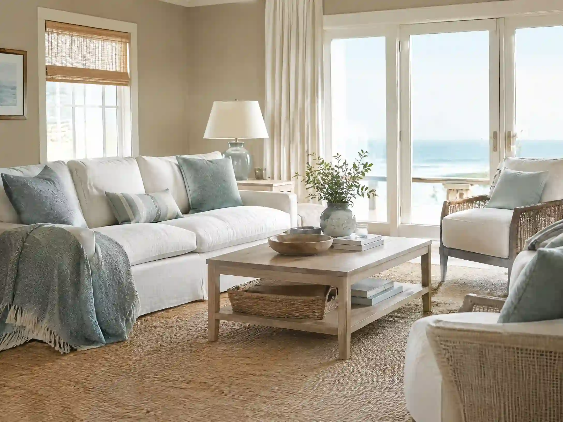 Sand, chalk white, and sea-glass blue Scandinavian coastal room
