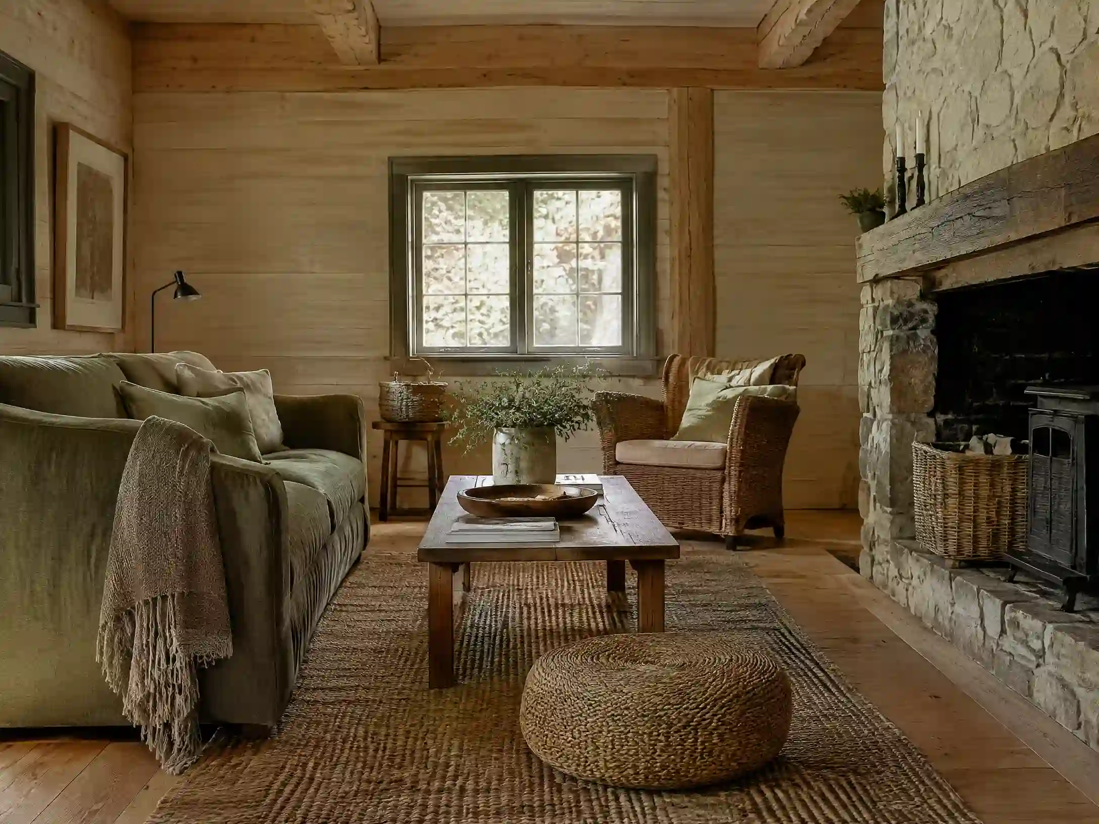 Moss, limewash, and rustic pine Scandinavian cottage lounge