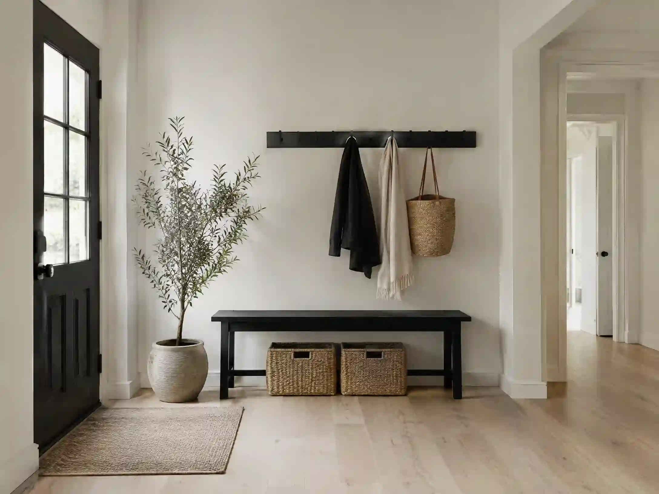 White, ink black, and natural woven Scandinavian entryway