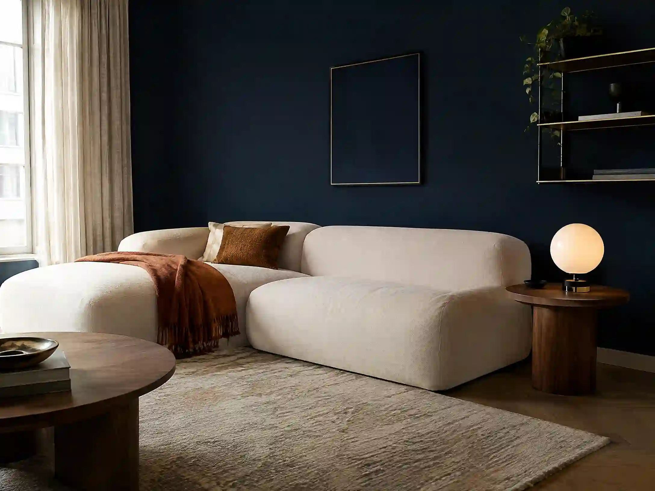 Navy, cream, and rust layered Scandinavian lounge