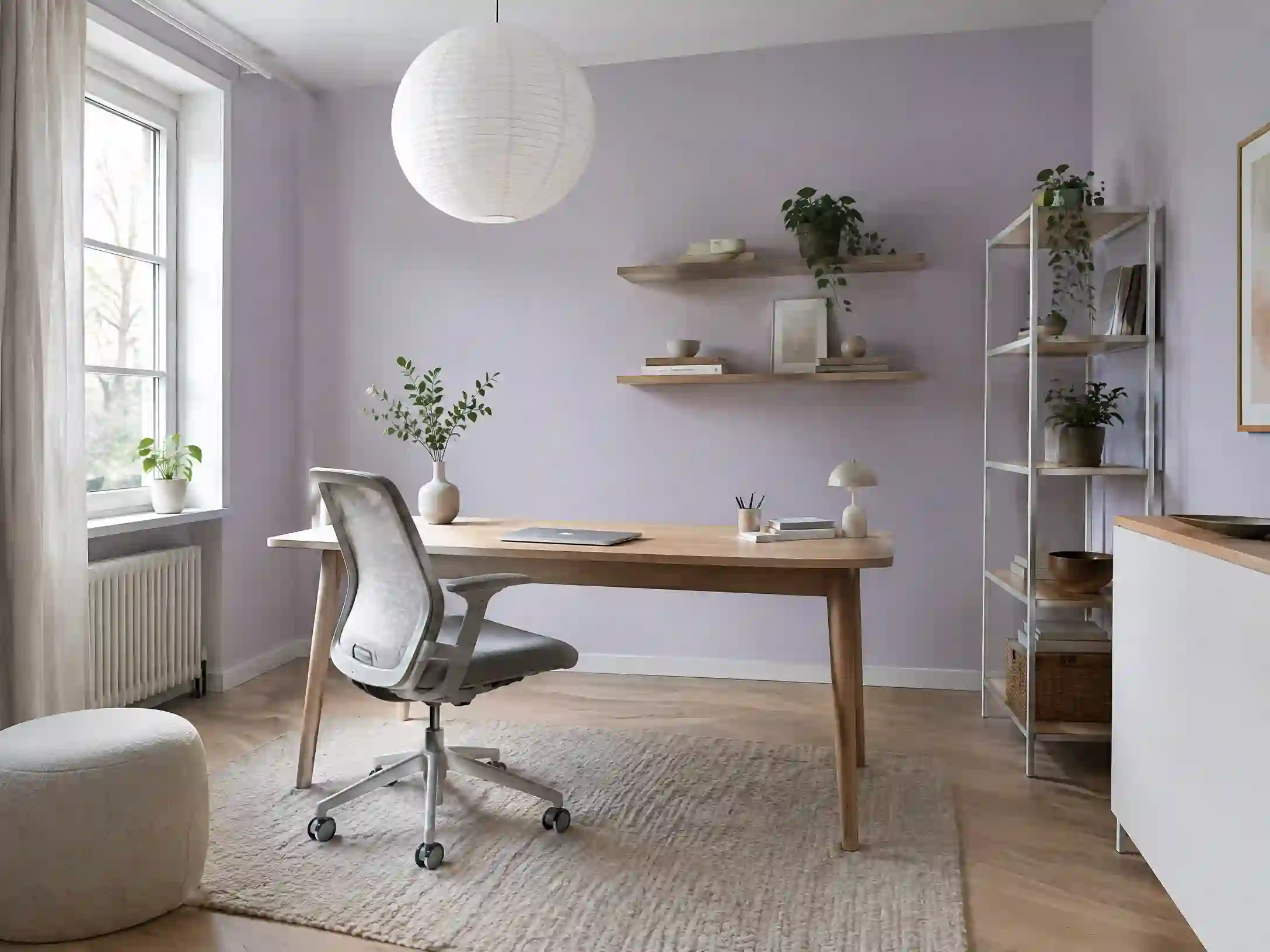 Soft lilac, white oak, and light gray Scandinavian home office