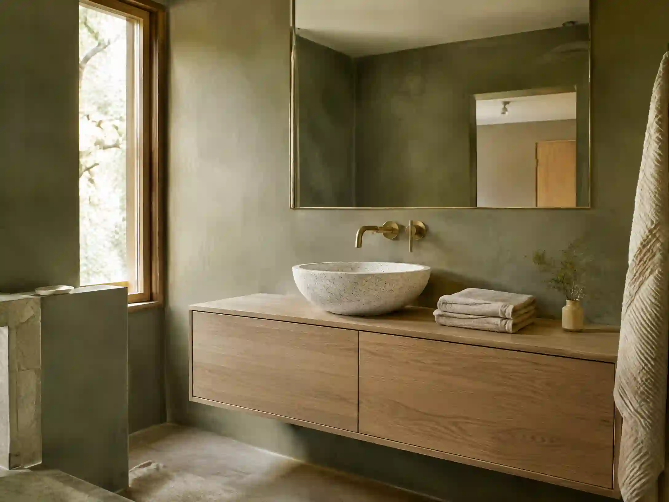 Olive, oak, and brushed brass Scandinavian bathroom