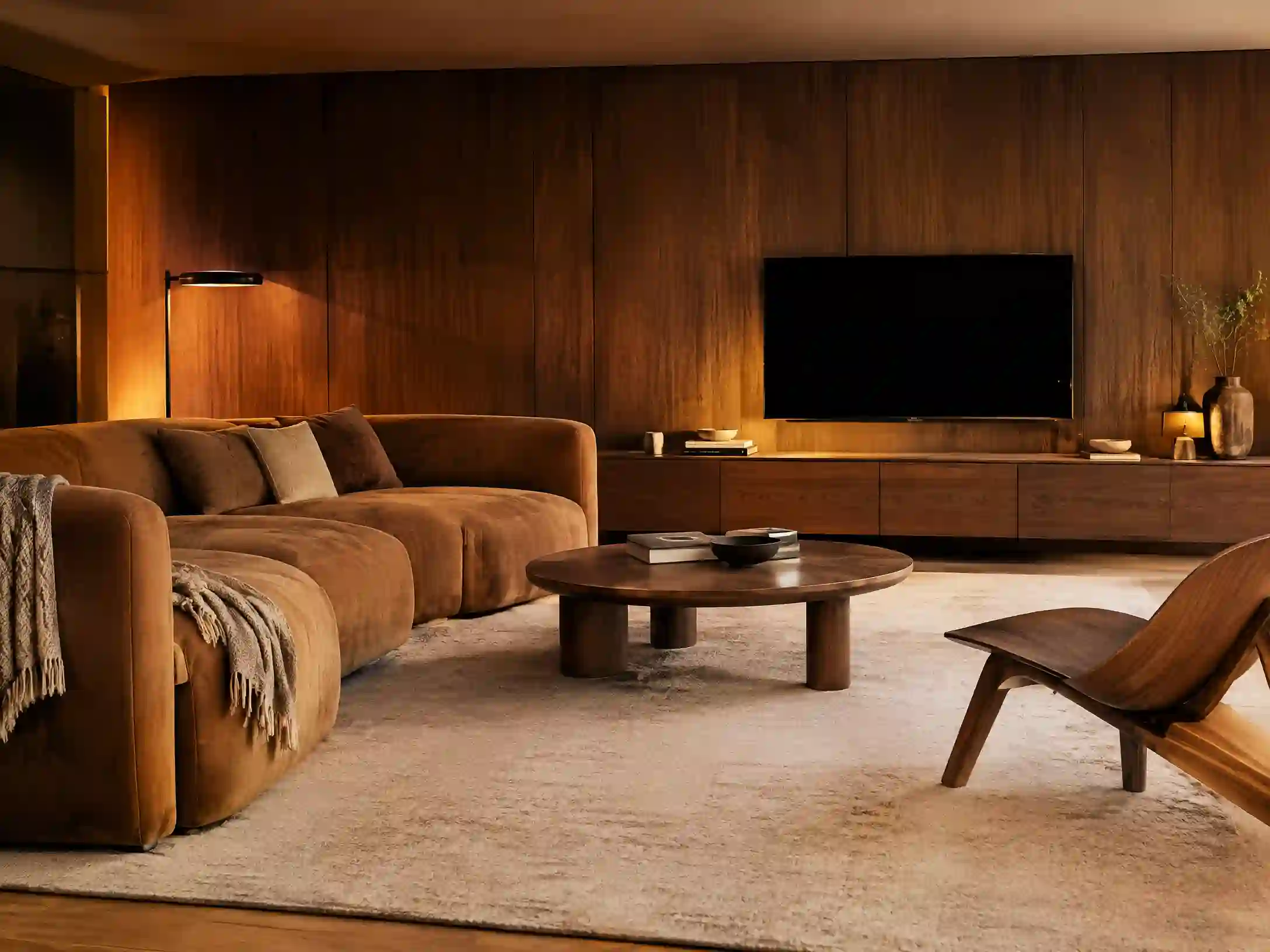 Walnut, camel, and cream Scandinavian media room